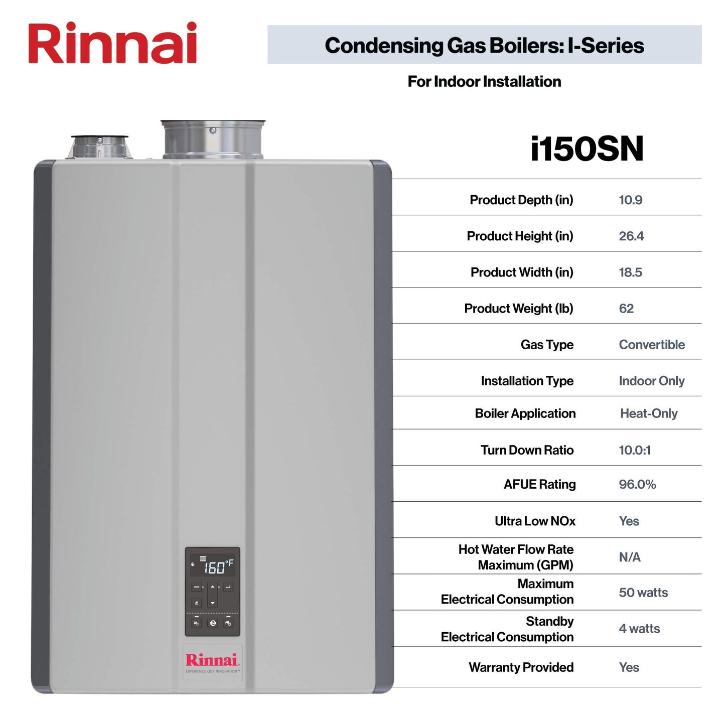 Rinnai i150SN Condensing Gas Boiler, Whole Home Natural Gas Heater with Space-Saving Design and Smart Features, (150K BTU)