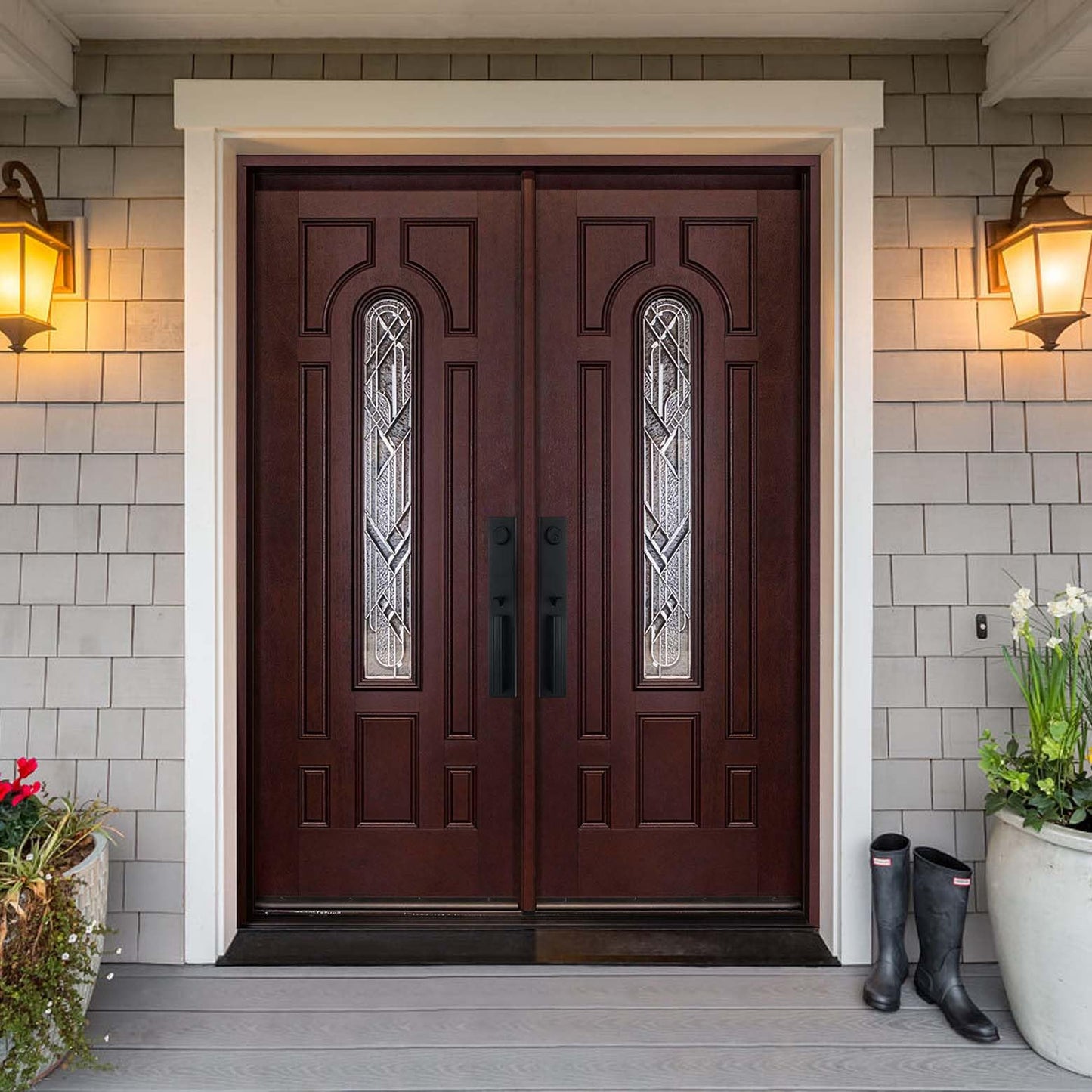 BGW Doors Mahogany Finish Fiberglass Double Front Entry Door with Brickmould and Decorative Glass, Prehung Pre-Finished Exterior Door, Right Hand Inswing, 36x36x80