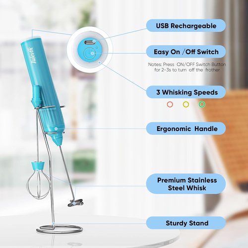 Milk Frother - Skiennix Handheld Electric Whisk with 3 Speeds & USB Rechargeable - Mini Blue Frother for Coffee, Latte & Cappuccino