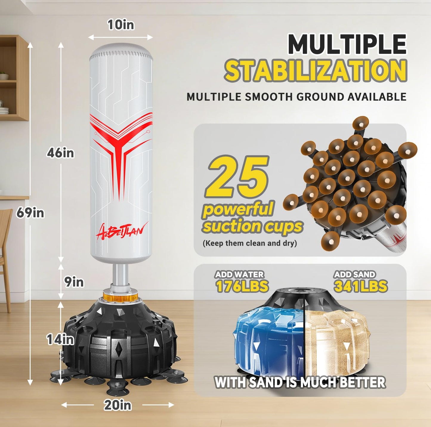 Freestanding Punching Bag,with Boxing Gloves Heavy Boxing Bag with Suction Cup Base for Adult - Boxing Training Equipment Kickboxing Bags for Training MMA Muay Thai Fitness Home Gym (White)