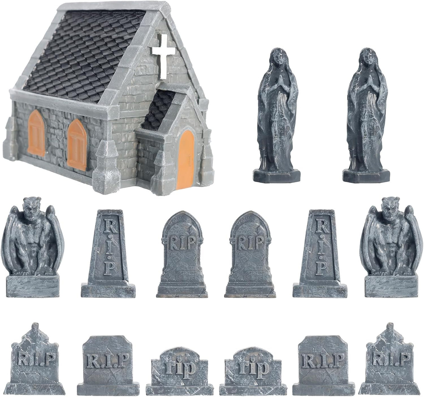 Rileryan Miniature Church Tombstones - 15 PCS Gargoyle & Virgin Figurines for Halloween Decor