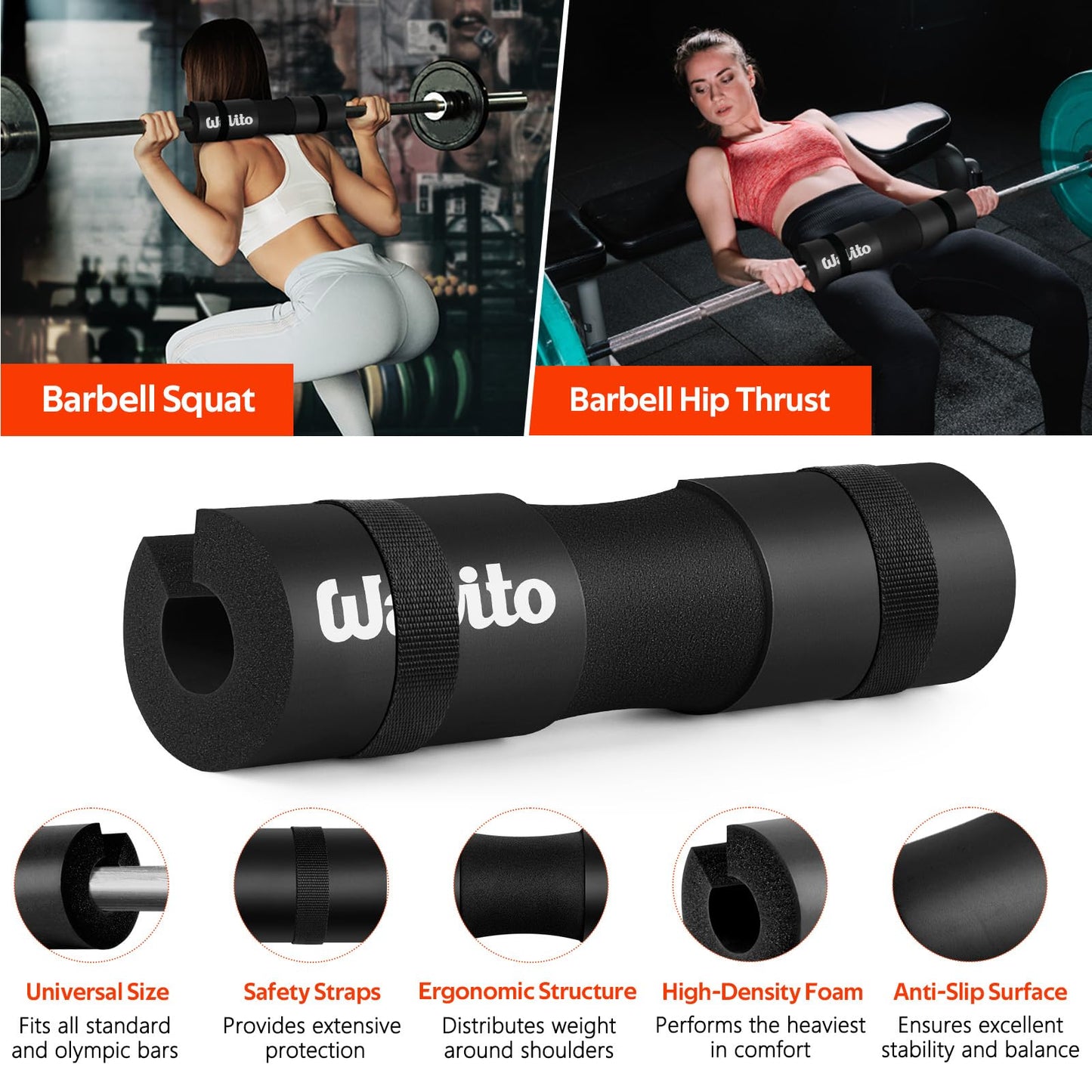 WALITO 8Pcs Barbell Pad Set for Hip Thrust - Squat Pad,Gym Accessories for Women with Bar Bad,Bench Press, with Gym Ankle Straps,Resistance Bands for Working Out,Lifting Strap,Carry Bag (Blue Black-10)