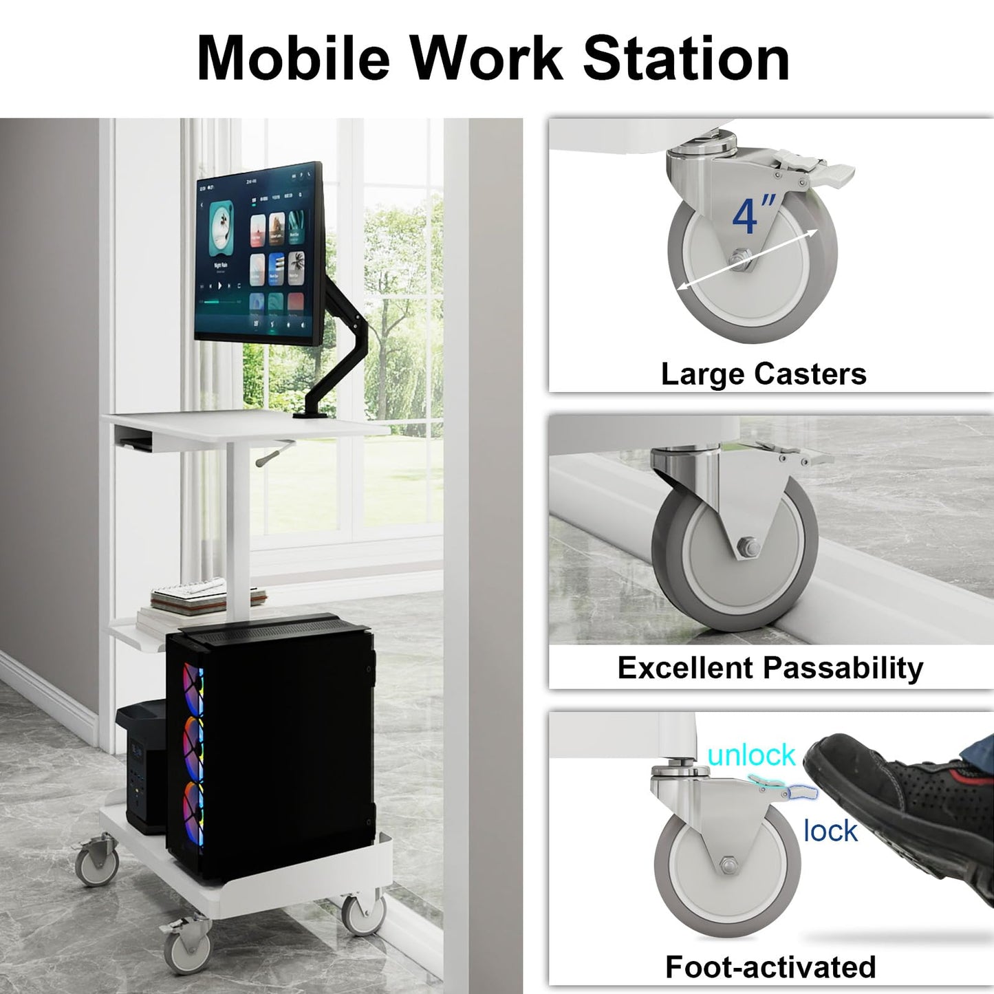 Natwind Mobile Workstation Cart with Monitor Mount,Height Adjustable Rolling Computer Cart, Heavy-Duty Rolling Standing Desk with CPU Holder for Home Office, School,Warehouse, Medical, Workshop