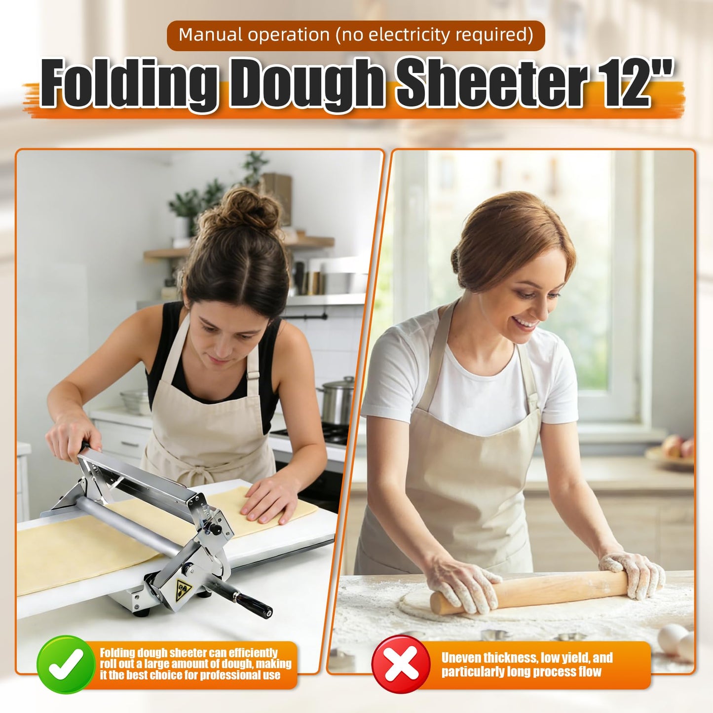 Folding Dough Sheeter (12")，Folding Dough Rolling Machine，Manual Dough Sheeter，Dough Sheeter Machine For Home，Stainless Steel Dough Machine With 55 Adjustable Thicknesses,(1 Scrolling Panel)