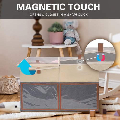 HISULIV 1 Pack Large Toy Storage Box with Clear Lids Collapsible Toys Chest Organizer Bin Basket with Adjustable Dividers for Kids Boys Girls Living Room Nursery Playroom Closet Beige and Grey