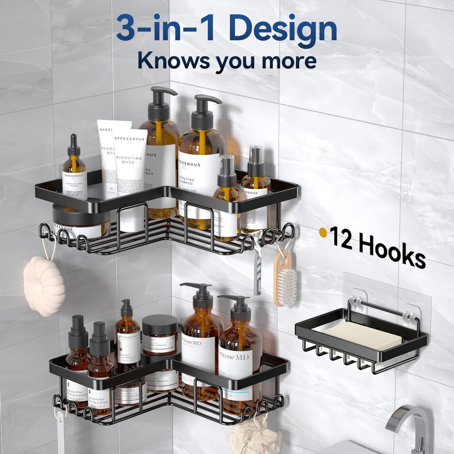 YASONIC Corner Shower Caddy - Rustproof Stainless Steel Bathroom Organizer | No Drilling, Black, 3-Pack