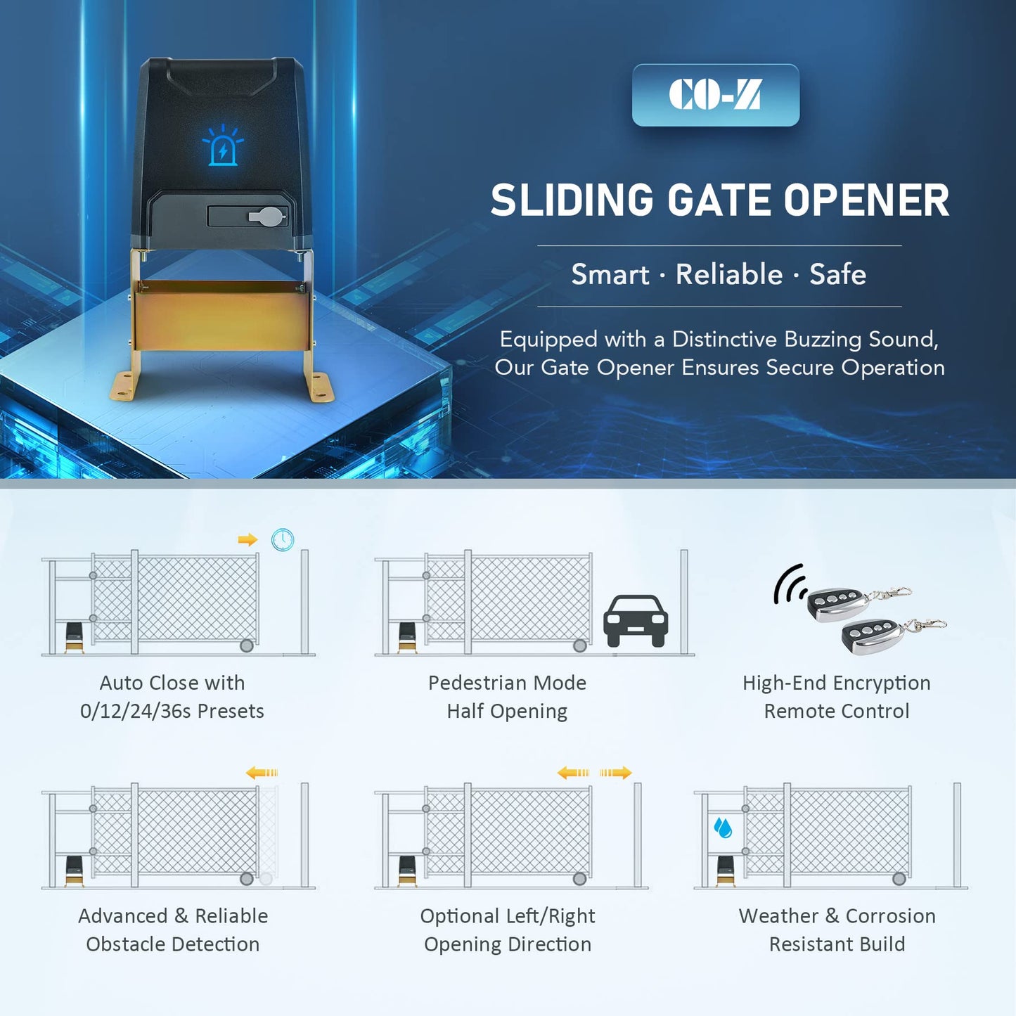 CO-Z Upgraded 3300lb Sliding Gate Opener, 550W Automatic Gate Opener with Safety Sensor for Doors up to 40ft, Chain Driven Driveway Gate Opening System, Complete Gate Opener Kit with 3 Remote Control