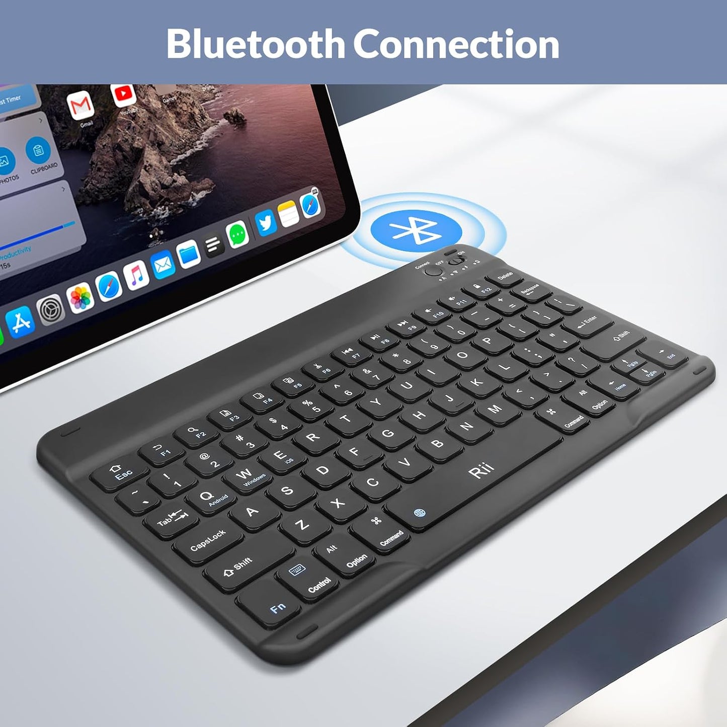 Rii RK302 Ultra-Slim Bluetooth Keyboard for ipad,iPhone,Android,Samsung,Windows,Mac,Linux,Tablet,Laptop, Rechargeable