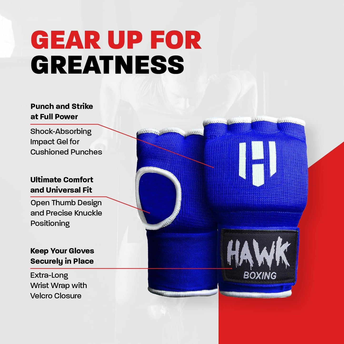 Hawk Padded Inner Gloves Training Gel Hand Wraps for Boxing Quick Wraps Men & Women Kickboxing Muay Thai MMA Bandages Fist Knuckle Wrist Protector Handwraps (Pair) (Blue, L/XL) - MMA Glove