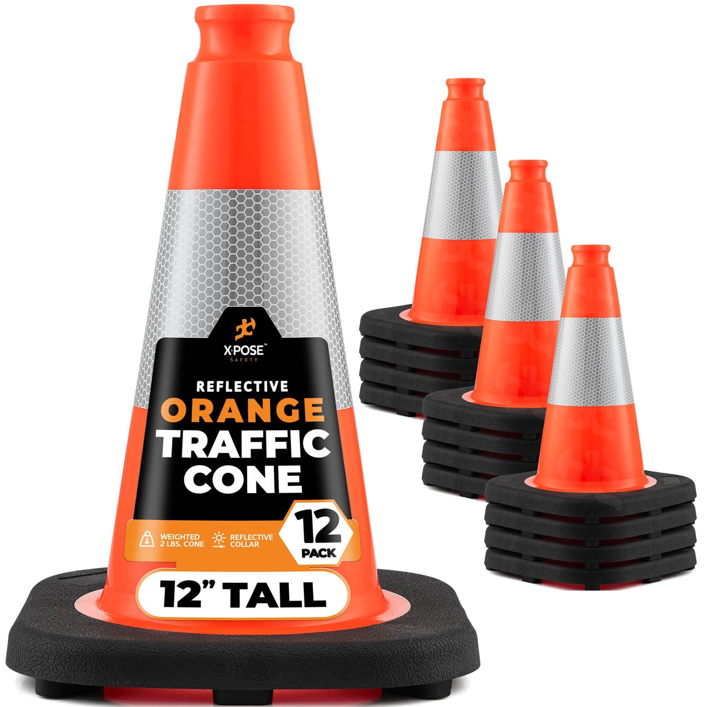Xpose Safety 12 Inch Orange Traffic Cones with 4" Collar - 12 Pack Multipurpose PVC Plastic Safety Cone for Parking, Soccer, Caution, Kids and Construction - DOT Approved