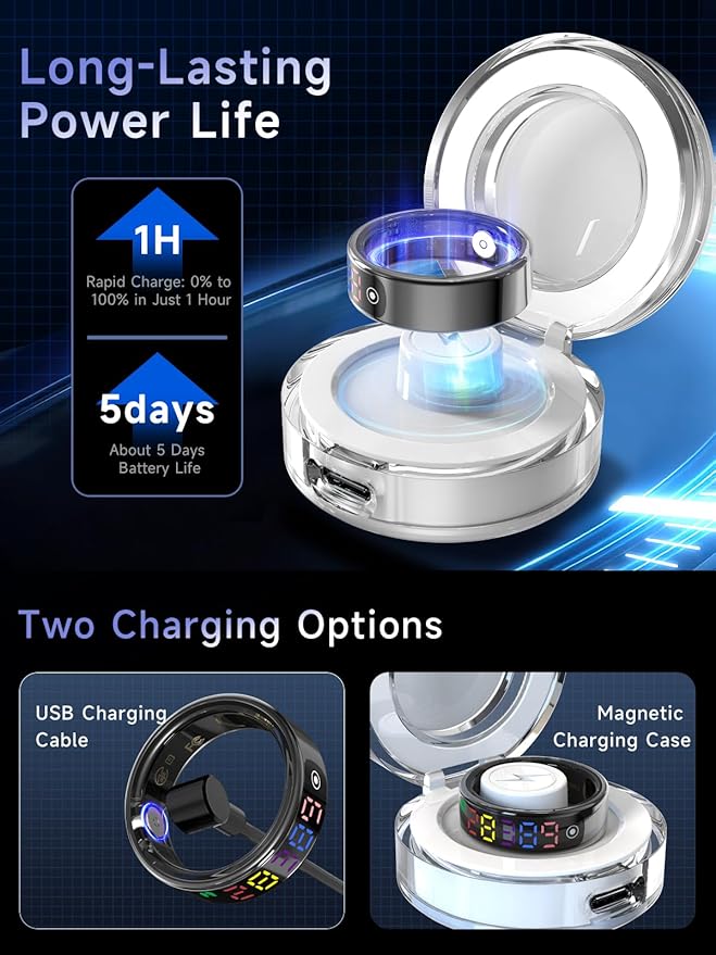 Smart Ring for Women Men, Health Ring with Colorful Display, Fitness Tracker with Heart Rate, Blood Oxygen, Sleep Monitor, No Subscription Fee, 5ATM Waterproof for iPhone & Android (Silver, 10)