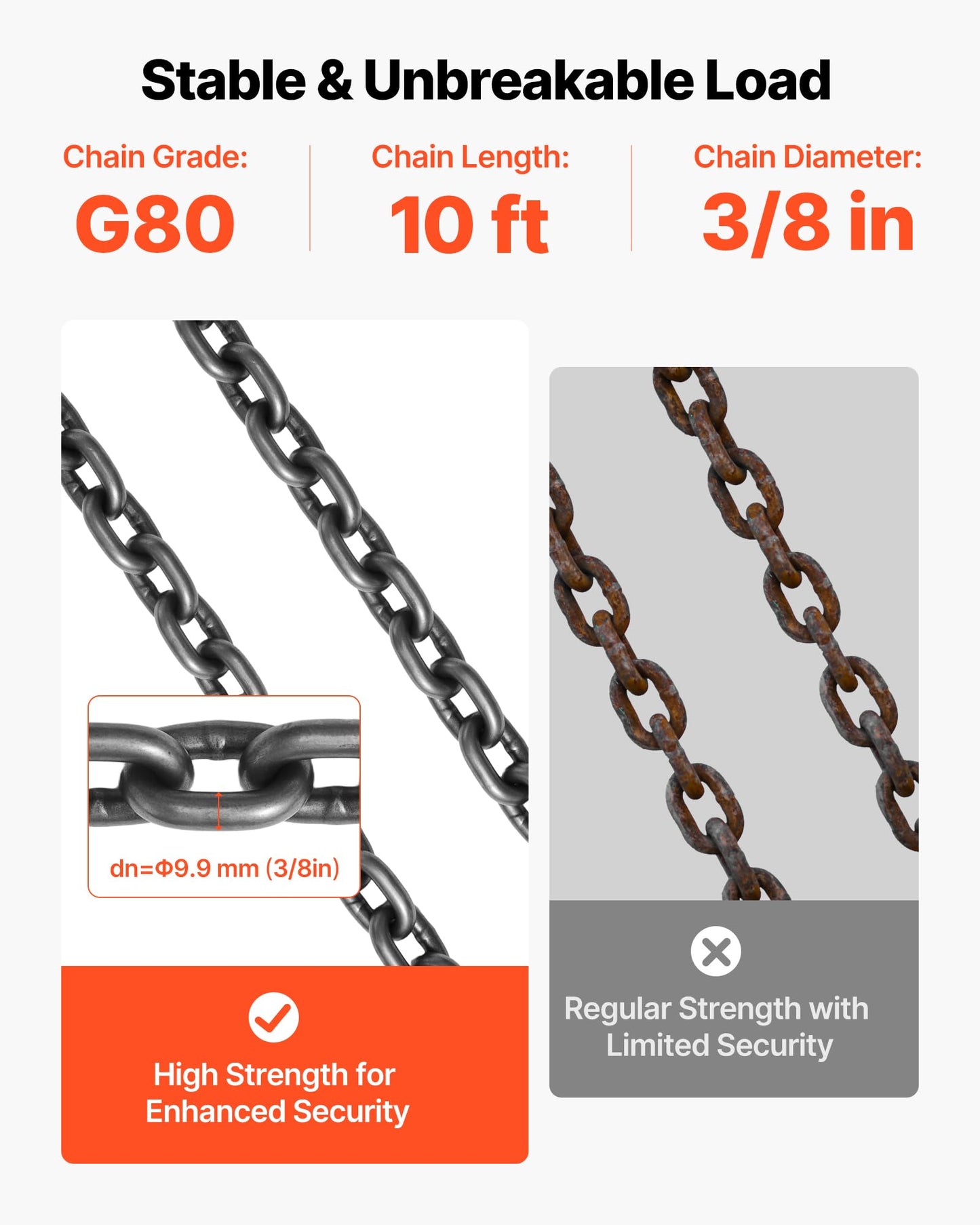 VEVOR Chain Sling, 3/8 in x 10 ft Lifting Chains with 4 Leg Grab Hooks, Heavy Duty G80 Alloy Steel Lifting Sling, 22900LBS Capacity, Adjustable Engine Chain Hoist Lifts for Cargo Security Towing