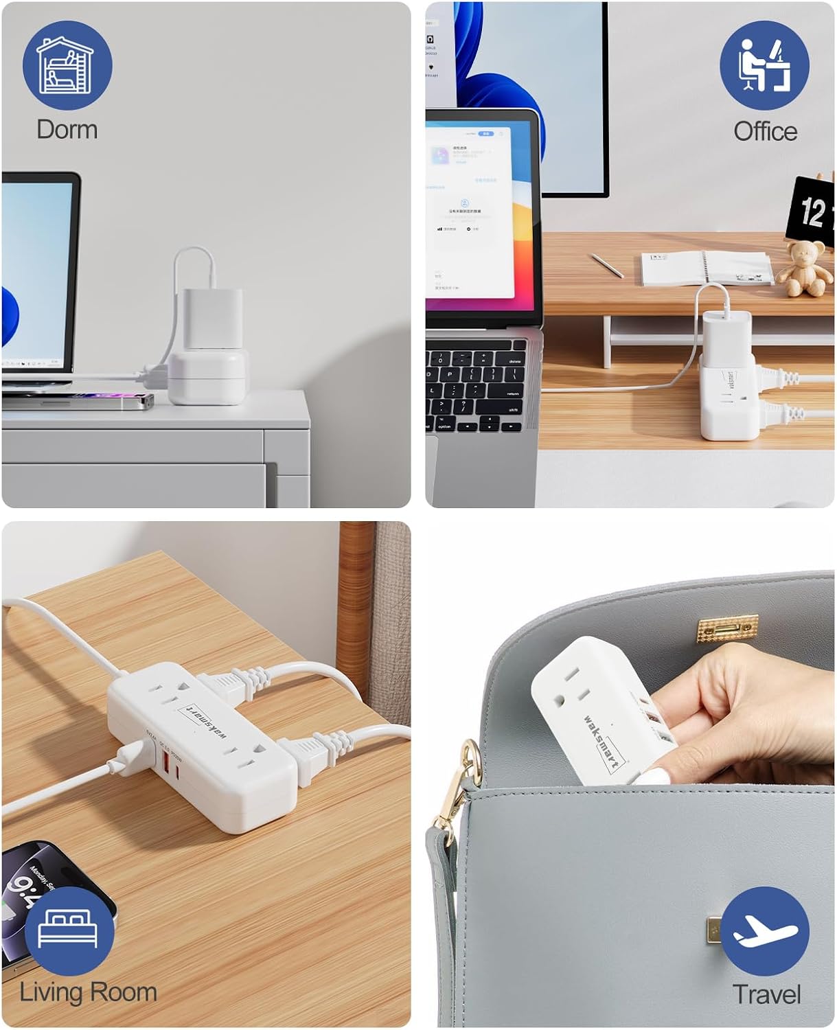 Waksmart PD20W -3 4 3 Flat Plug Power Strip Ft Flat Plug Extension Cord with AC Outlets Quick Charging USB Ports, Flat