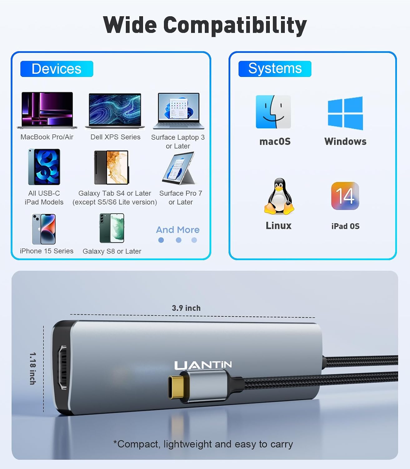 UANTIN 4K 2 3.0, 5 1 USB C Hub Multiport Adapter with HDMI Dongle, SD/TF Card Reader, USB-A in USBC Hub for MacBook Mac