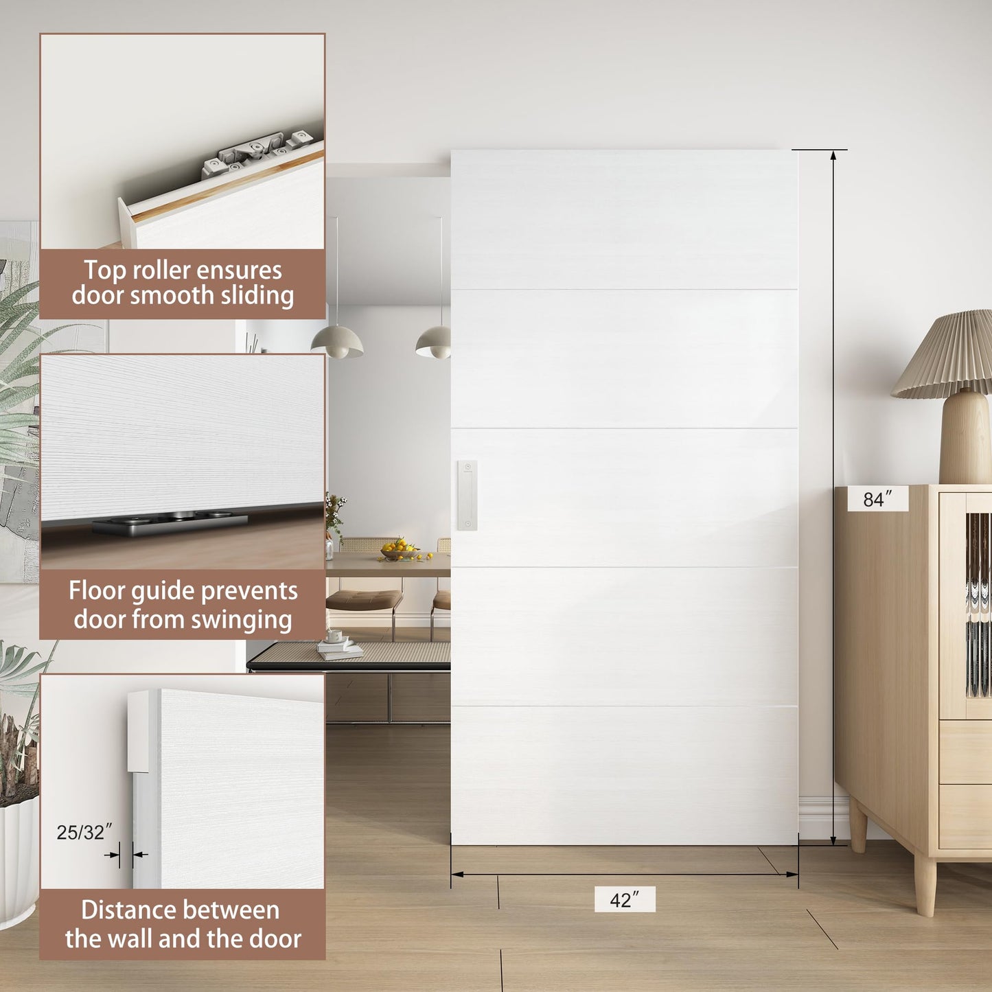 JUBEST 42"x84" Concealed Sliding Barn Door with Horizontal Groove and Soft Close Hardware Kit, White Flush Hidden Door for Opening 38"-40"x80", Waterproof and Smooth Sliding, for Interior Using