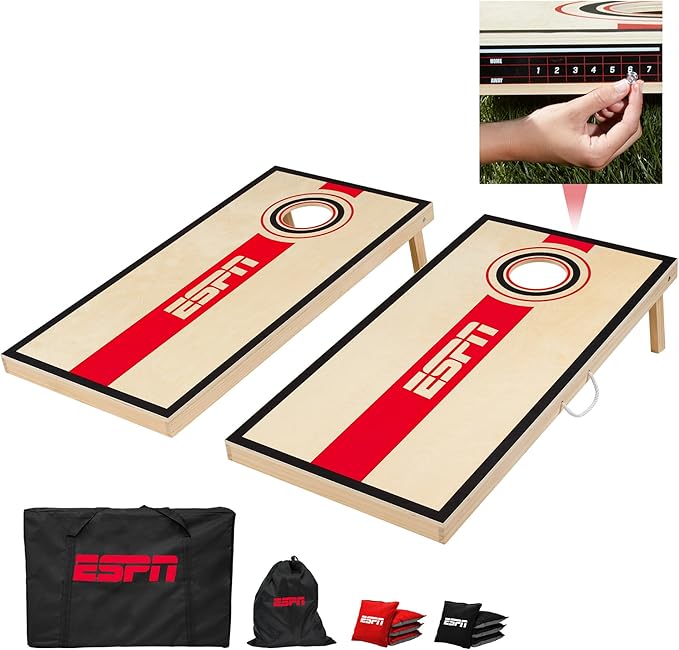 ESPN Solid Wood Cornhole Board Set, Includes Bean Bags and Travel Case, Ideal for Outdoor Games