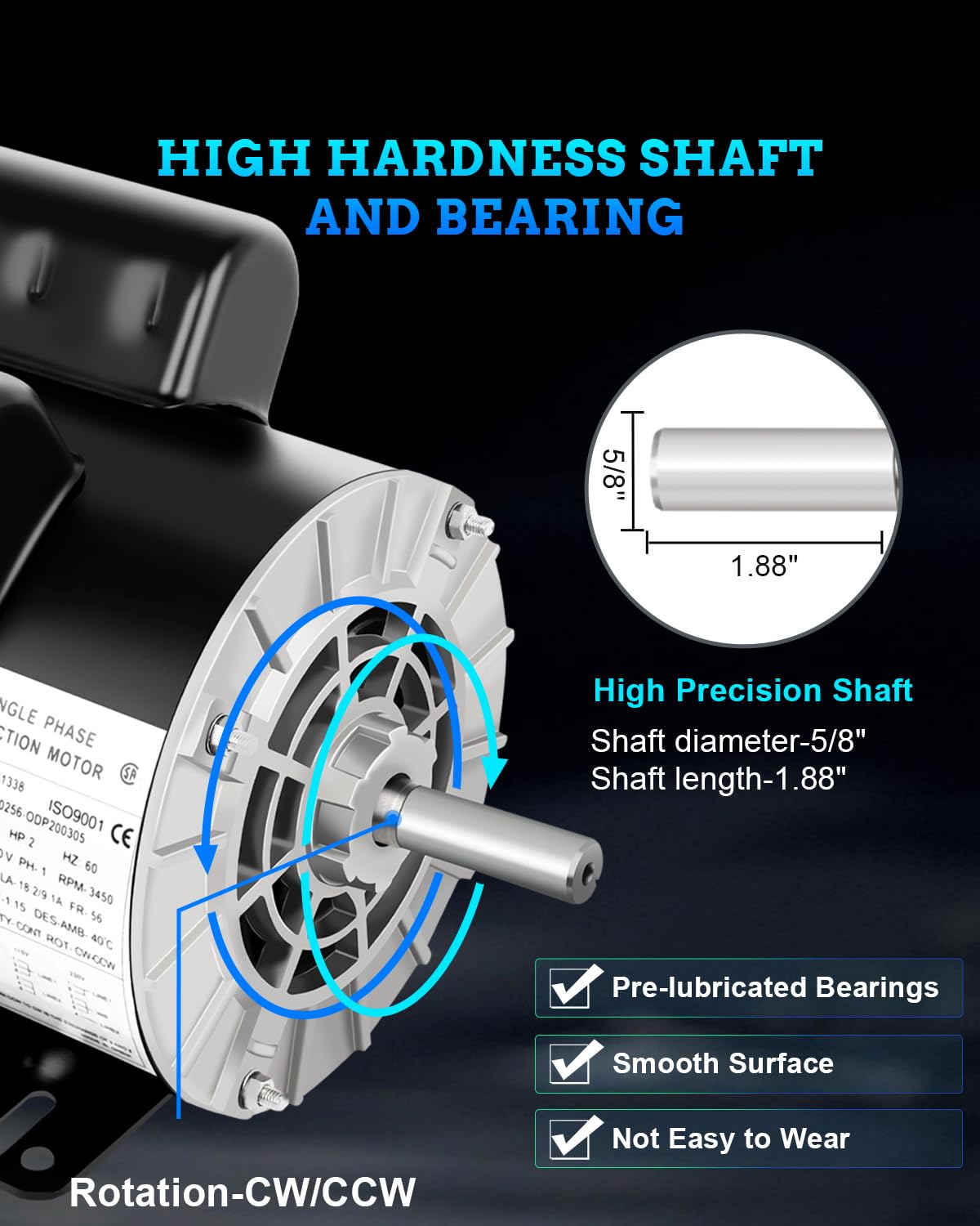 2HP Electric Motor, General Motor Single Phase, 5/8" Shaft Diameter CW/CCW, ODP Air Compressor Motor, 60HZ, 3450RPM, 115/230V