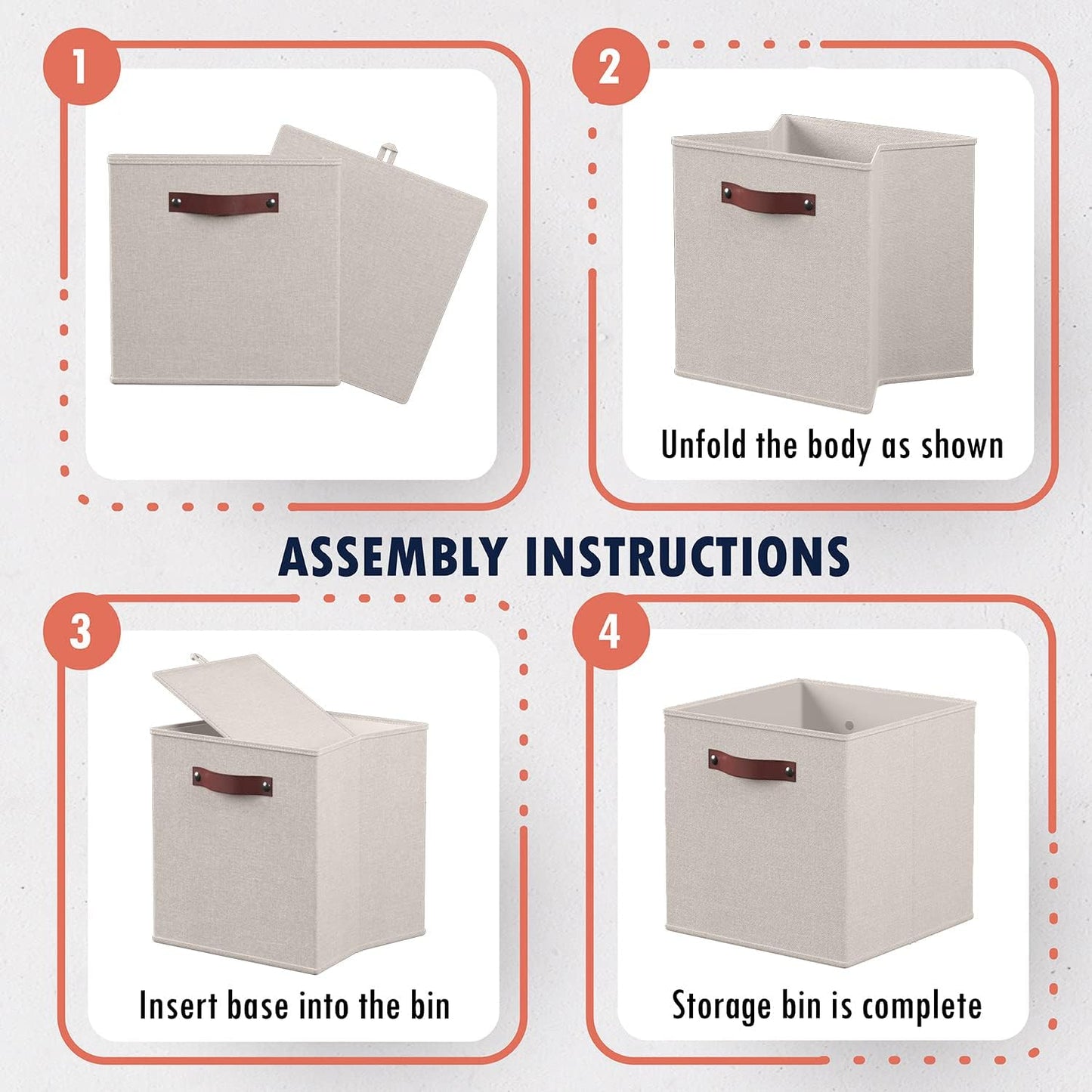 Ornavo Home Storage Cube Bins - Foldable Fabric Organizers with Leather Handles | 11x11 Inches, Beige, 6 Pack