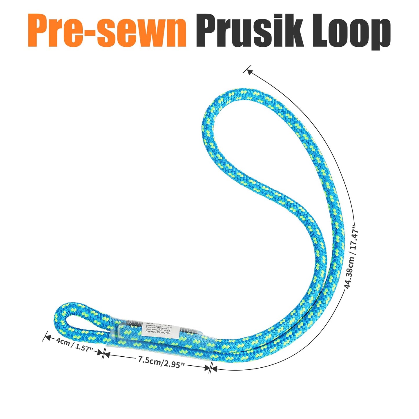 AOLEBA 8MM (5/16") Prusik Loop, Pre-Sewn Prusik Cord, Safety Sewn Prusik Rope for Climbing Arborist Rescue, Outdoor Climbing Aider Prusik Loops 22 Inches - Blue
