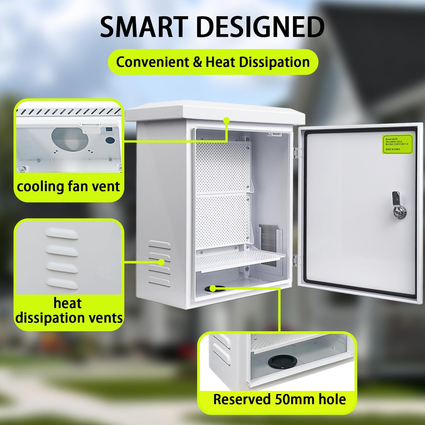 SWPEC Nema Enclosure with Rain Hood Weatherproof Junction Electric Breaker Box with Fan-Vent Design Electrical Cabinet with Mounting Track Hole in Back 16X20X12
