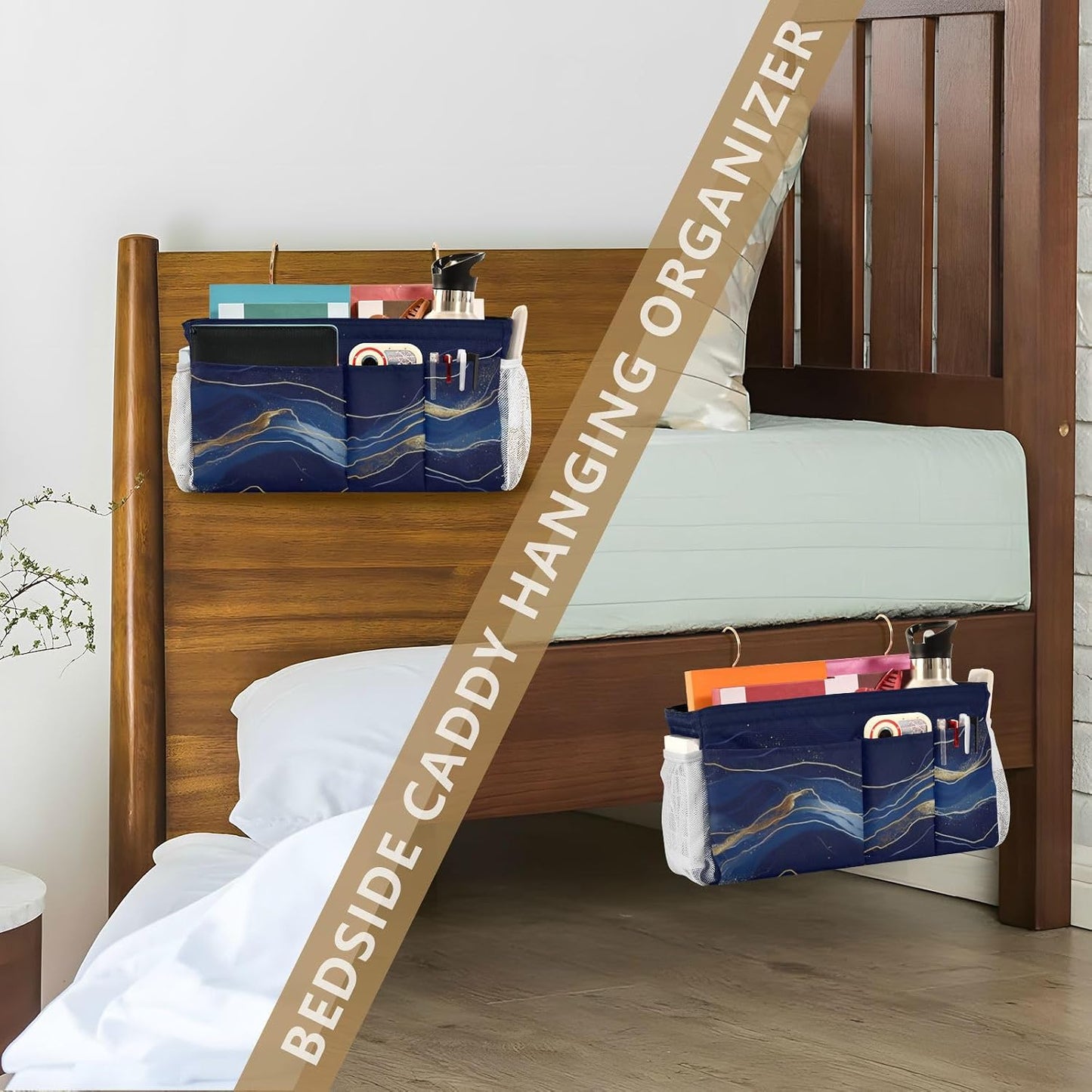 Amooorous Bedside Storage Caddy For Dorm Table Cabinet Storage Organizer for Bed Rails Deep Blue-gold Marble Texture