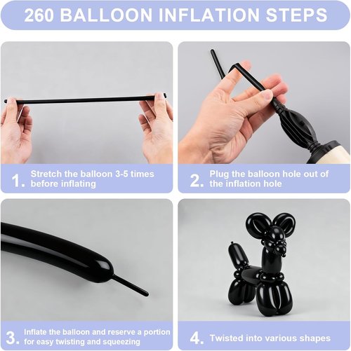 260 Premium Black Long Skinny Latex Balloons - Perfect for Animal Twisting, Weddings & Birthdays