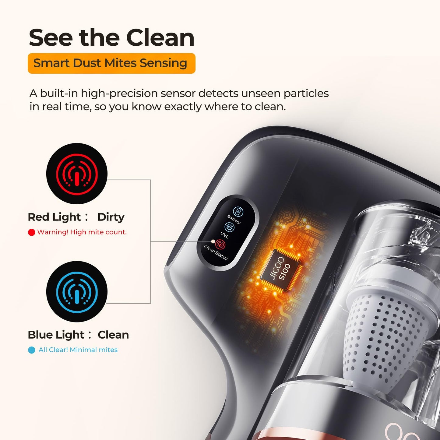 JIGOO Mattress Vacuum Cleaner with UV-C Light, Bed Vacuum Cleaner with Dust Sensor, Ultrasonic and High Heating, Deep Cleaning Bed Vacuum for Sofa Bed Fabric Surface (Gray)