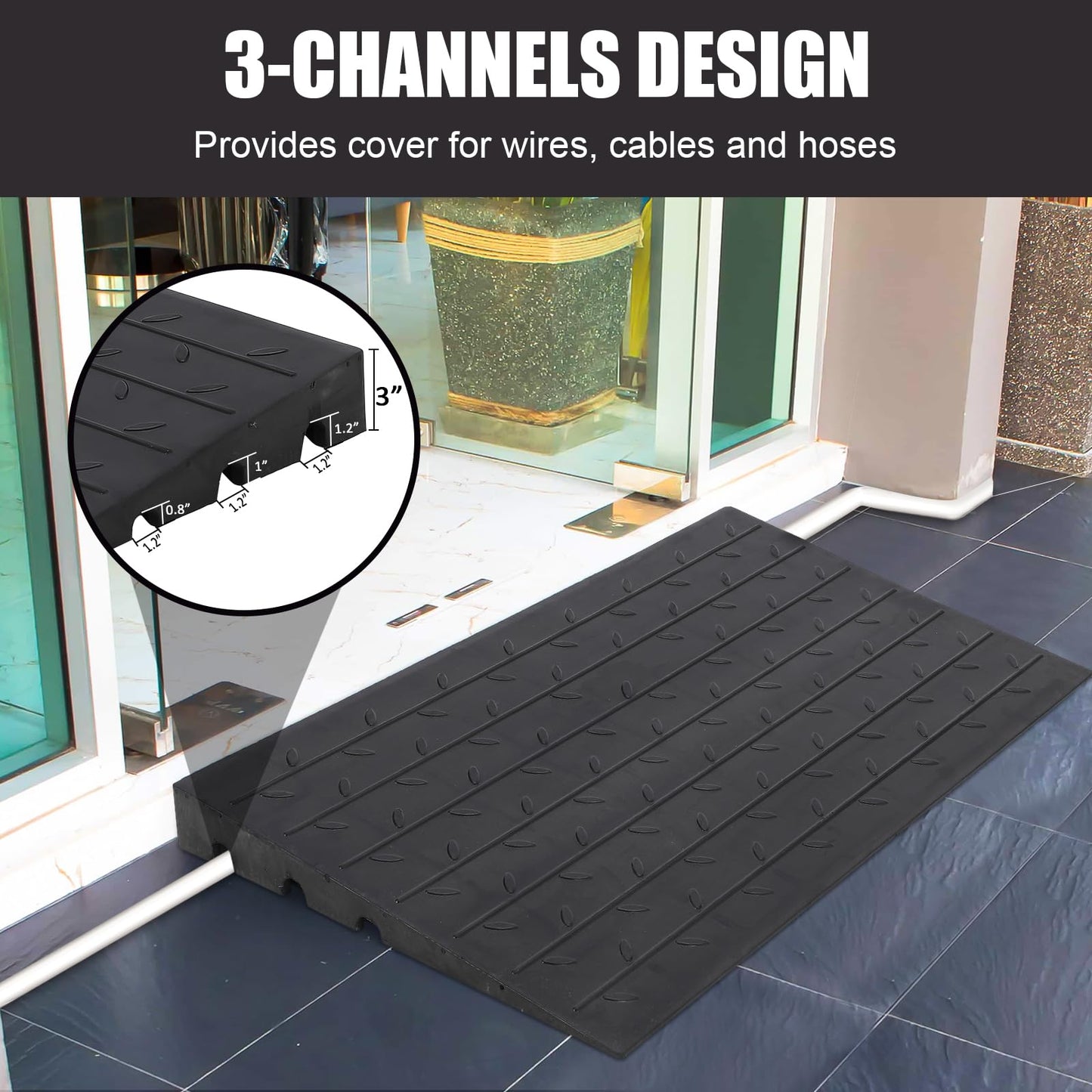 Towallmark Rubber Threshold Ramp, 3'' Rise Portable Wheelchair Ramp for Home Steps, 2500LBS Capacity Curb Ramp Handicap Ramps for Wheelchairs Driveway Mobility Scooters with 3 Channels Cord Cover