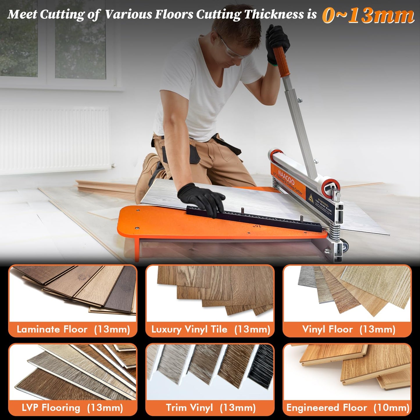 NAACOO Laminate/Vinyl Floor Cutter, 13” Vinyl Plank Cutter with Wheel – Just 1 Step Meet Angle&Length Cutting, Flooring Tools - Cuts Laminate Floor, Engineer Wood, LVP/T, VCT, SPC, WPC