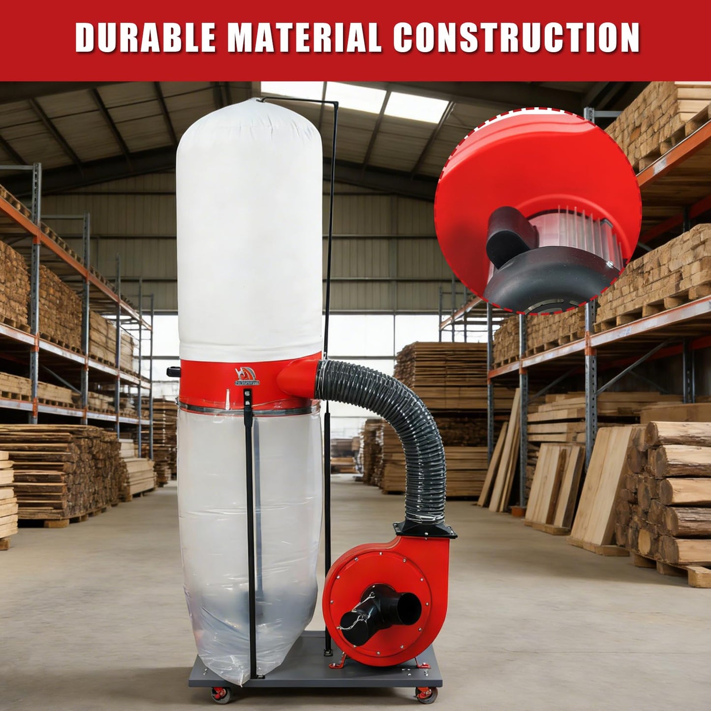 1500W Vertical Industrial Dust Collector with 50-Gallon Collection Bag and Mobile Base, Heavy-Duty Workshop Cleaner for Carpentry and Woodworking