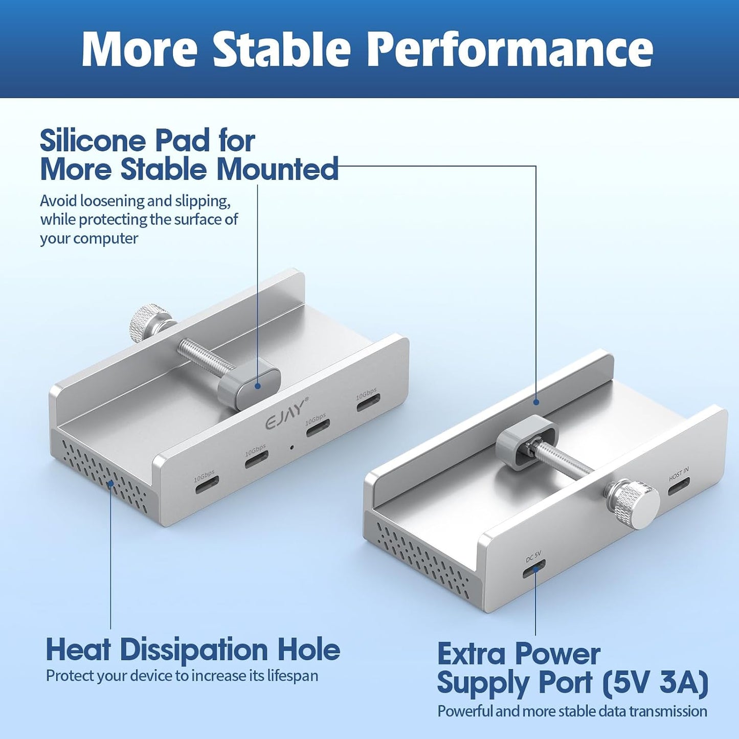 EJAY 4-Port 10Gbps 3.2 2, USB C Hub Clamp Mount, USB Hub Gen Aluminum Clamp On USB Hub for Monitor & Desk, Dual Cable