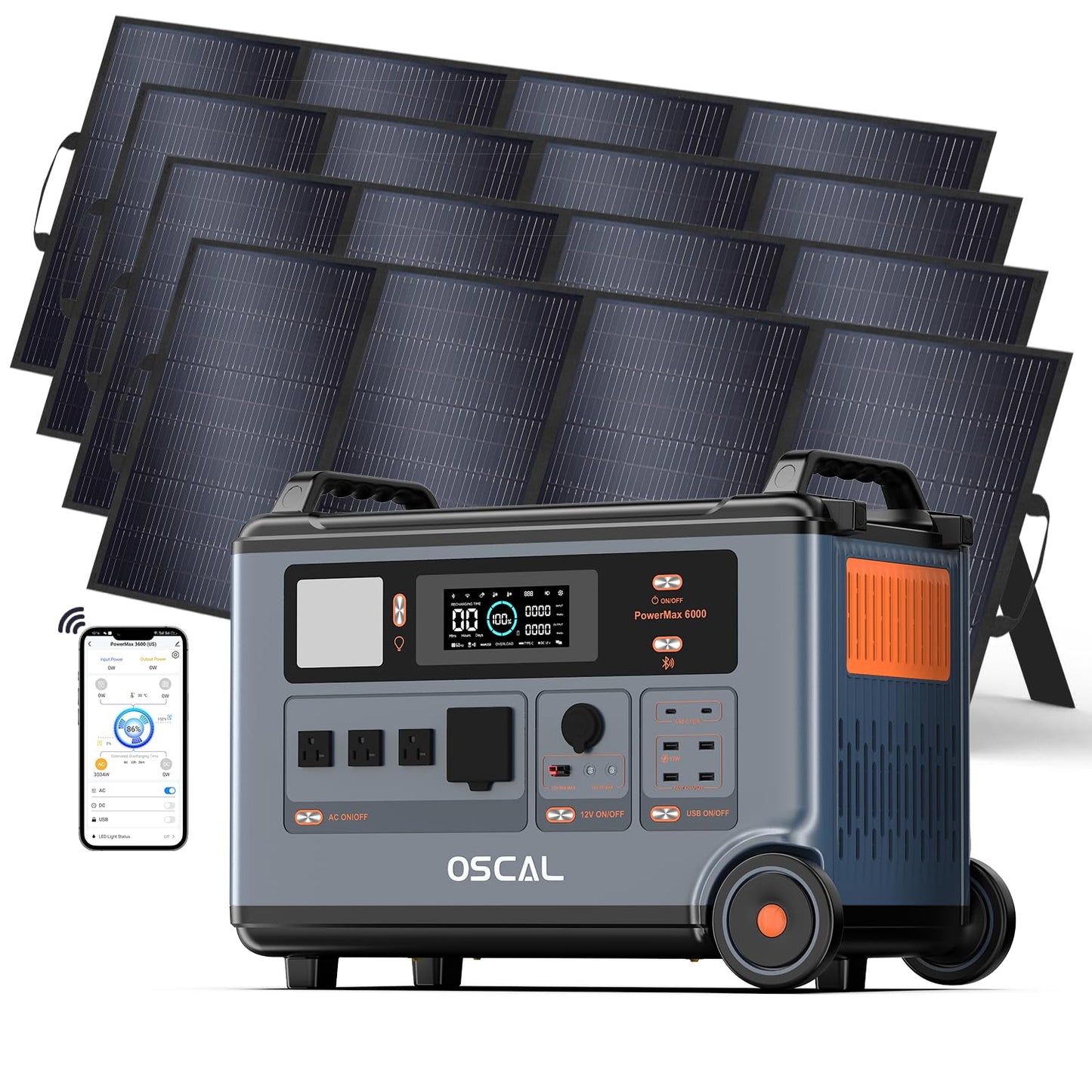 OSCAL PowerMax 6000 Solar Generator with 4x400W Solar Panel, 120V/240V Portable Power Station 6000W AC Outlets (9000W Peak), 2200W AC Charging/2400W PV Charging for Home, Emergency