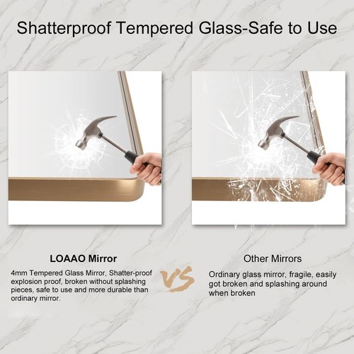LOAAO Gold Bathroom Mirror - 40”X36” Rounded Rectangle Design | Anti-Rust Tempered Glass, Wall-Mounted