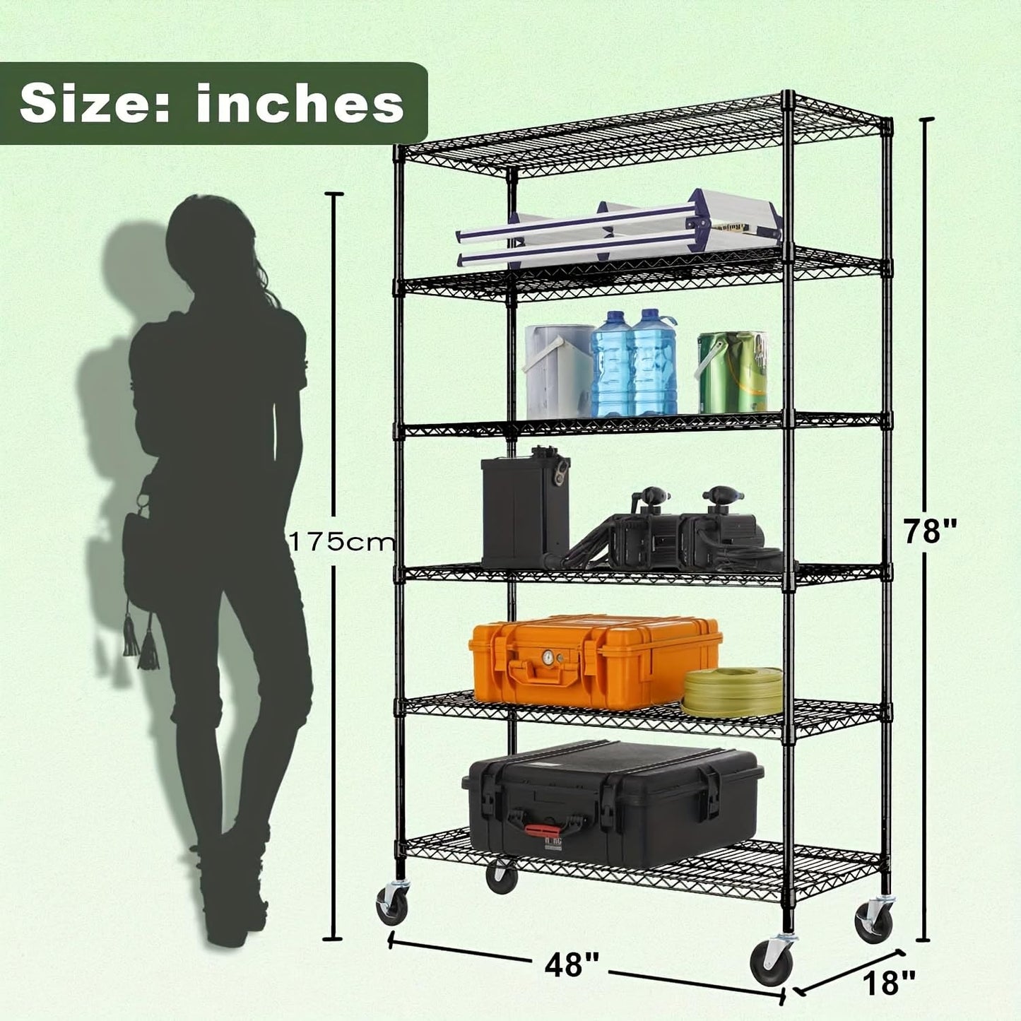 Generic 6-Tier Storage Shelves Wire Shelving with Wheels Heavy Duty Metal Shelves Tall Steel Shelving Units Adjustable 6000lbs Capacity Rolling Shelf Racks for Restaurant Garage Pantry Kitchen, Black