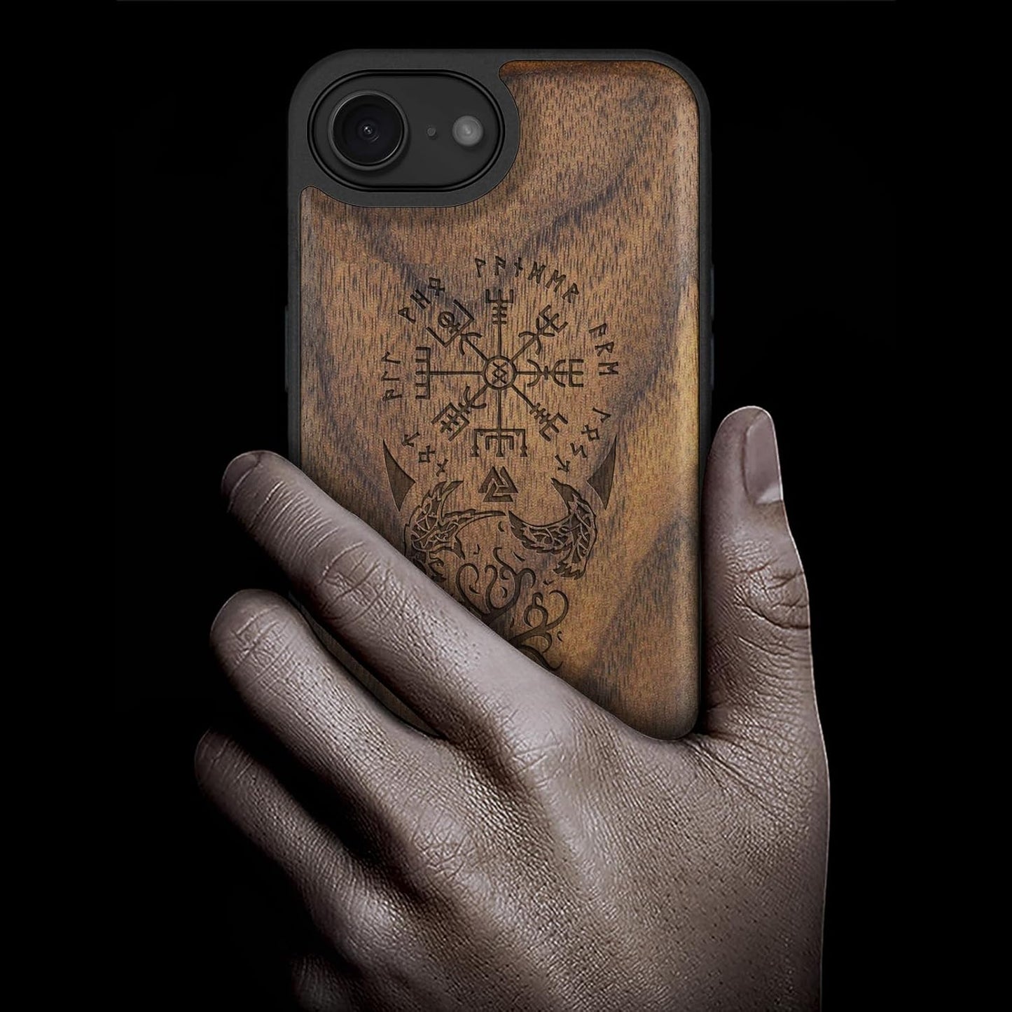 Carveit 16e 17e, Magnetic Wooden Case for iPhone / Solid Wood & Black TPU, Artisan Engraved Design, Shockproof Cover