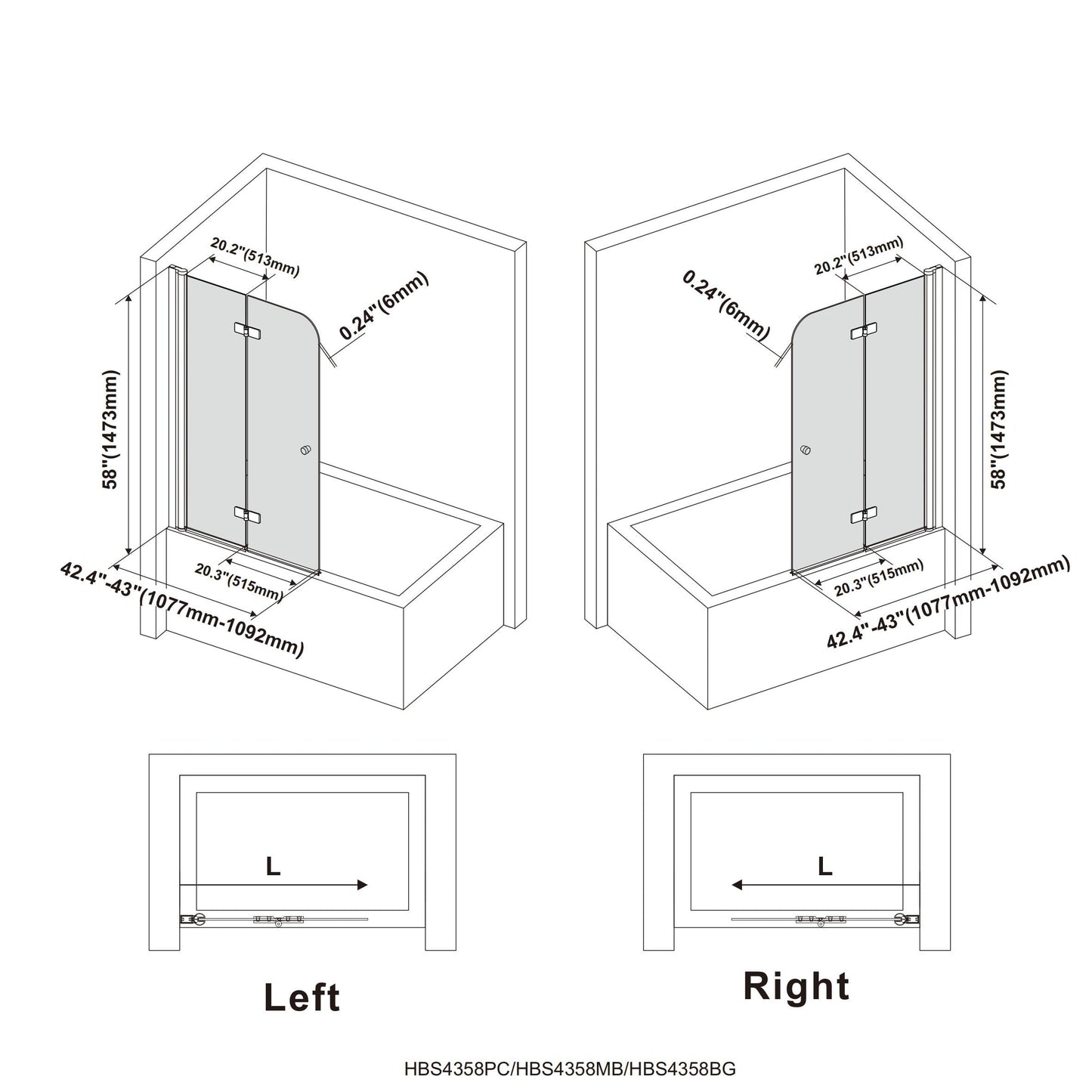 Bathroom Frameless Hinged Foldable Tub Door, Shower Glass Door 43 * 58” Shower Screen Panel with Tempered Glass (6mm), Fixed Clamps Included, Brushed Gold
