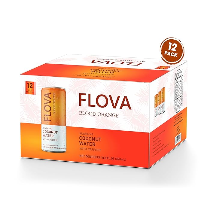 Flova Blood Orange Energy Drink, All Natural, Electrolytes and Minerals from Coconut Water, 4 Simple Easy to Pronounce Ingredients, 99% Juice, Pack of 12 Cans