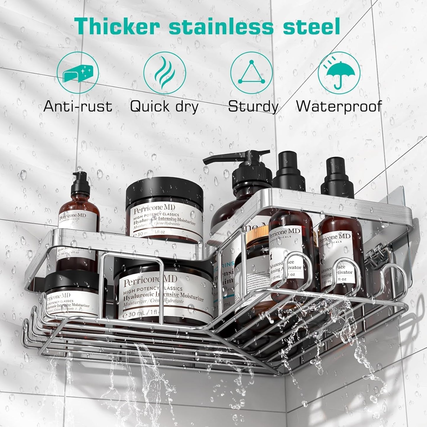 YASONIC Shower Caddy - Rustproof Stainless Steel Bathroom Organizer with Soap Holder & 12 Hooks | Brushed Silver, 3-Pack