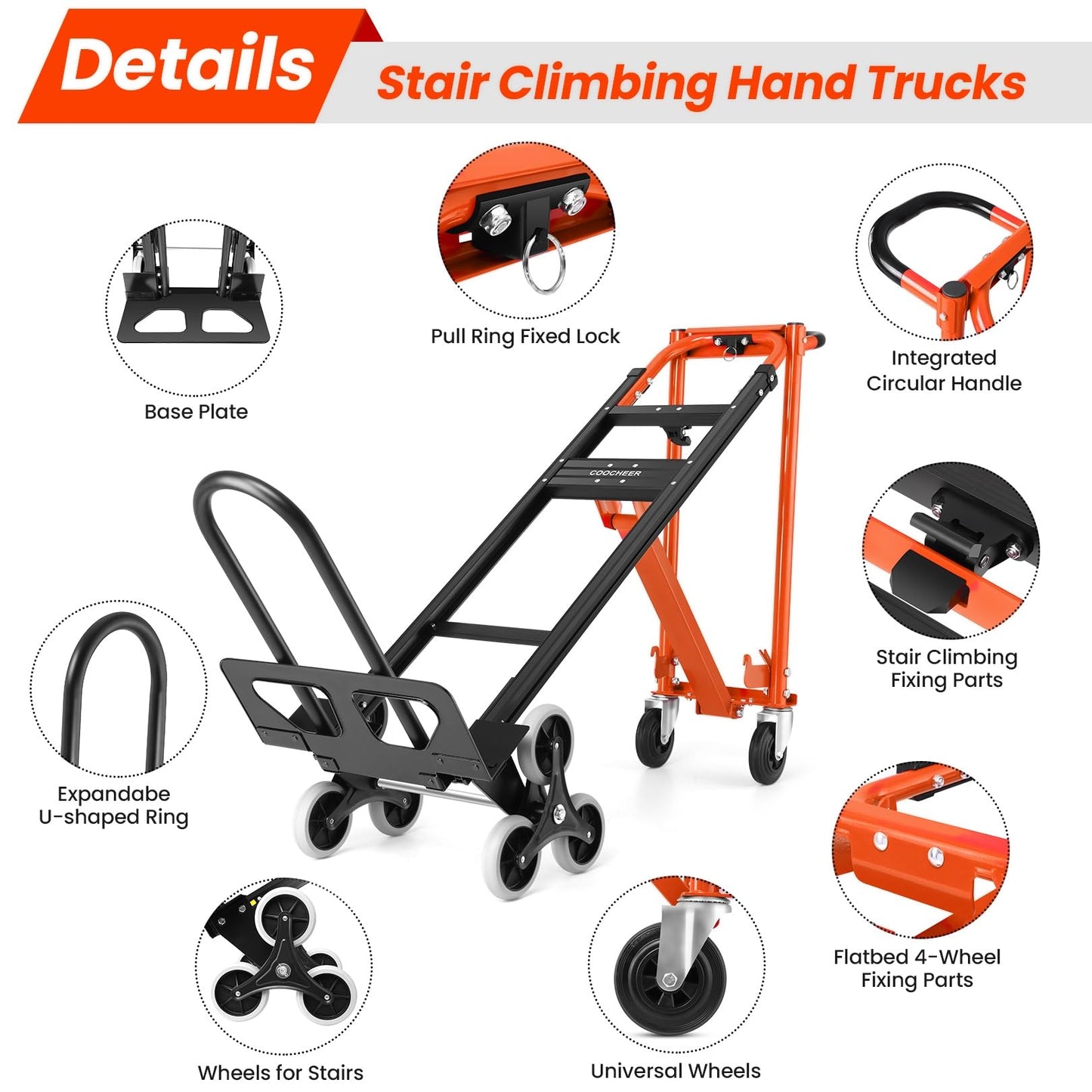 1000LBS Heavy Duty Convertible Hand Truck, 3 in 1 Aluminum Stair Climbing Dolly, Folding Hand Truck Dolly Cart with Solid Wheels for Moving/Travel/Office (Orange)