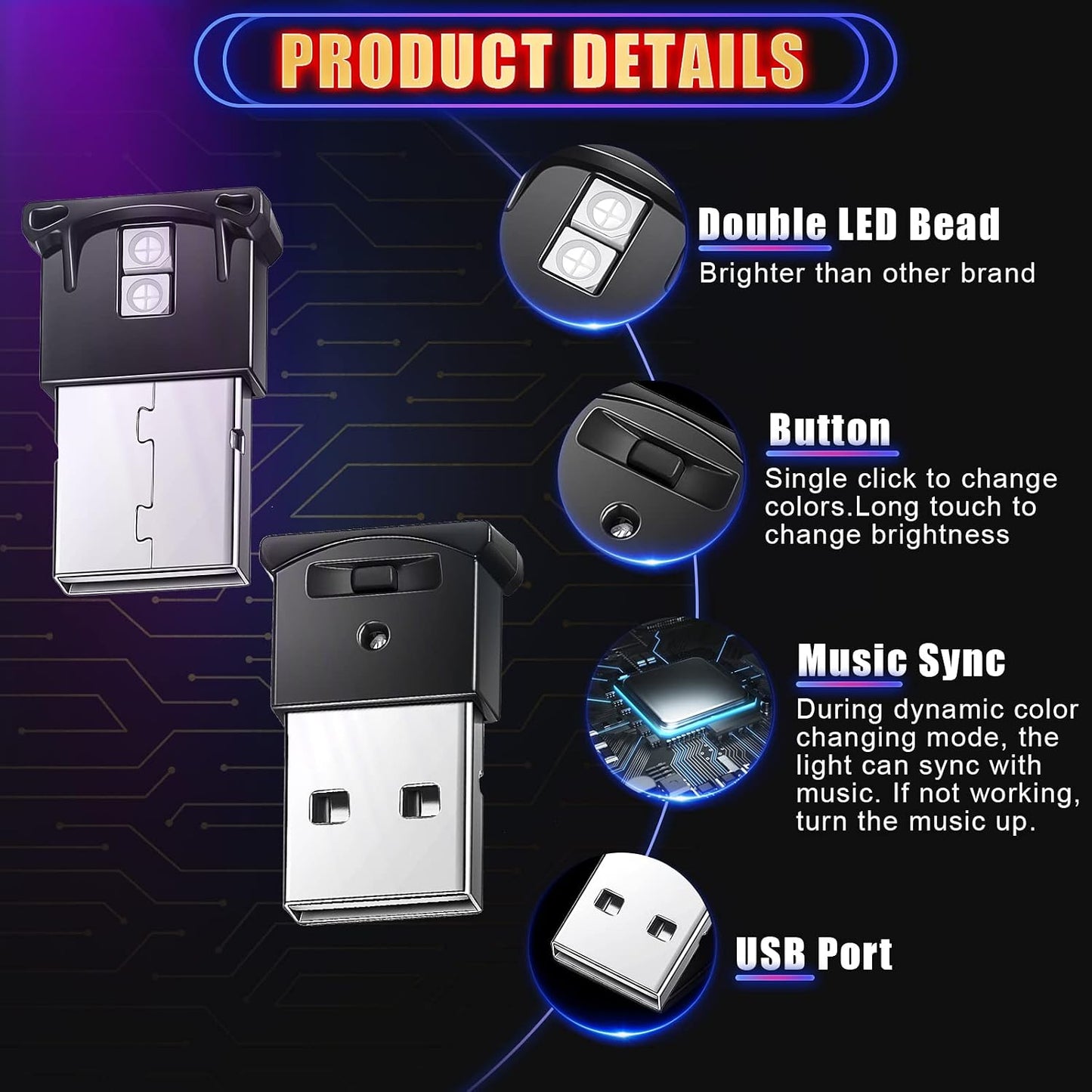 4 5V, 8 Tallew Pcs Mini USB LED Interior Lighting for Car, Music Sync Smart Atmosphere Light, DC Adjustable Brightness