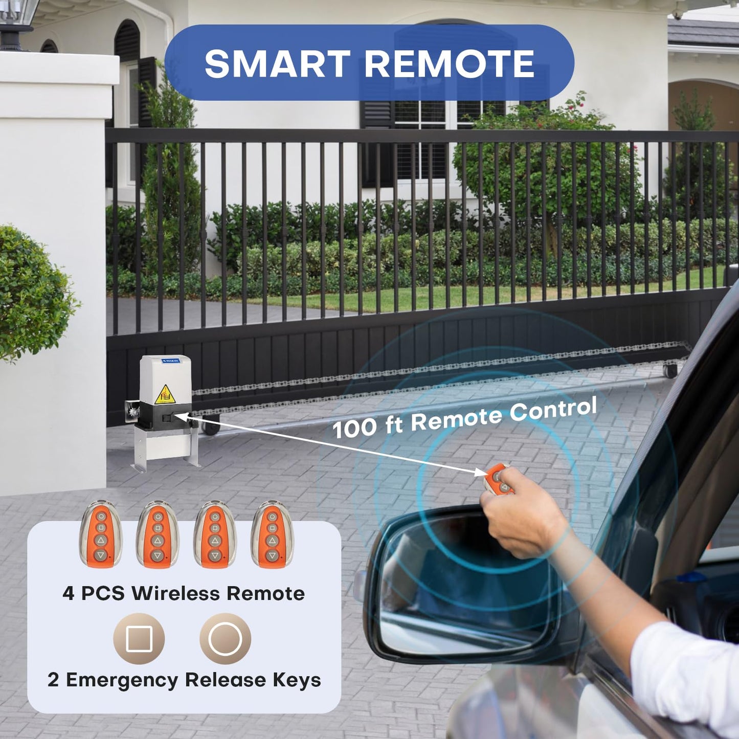 Automatic Sliding Gate Opener, 4400lbs Chain Operated Gate Opening Kit with 4 Remotes, 750W Electric Rolling Driveway Slide Gate Motor Remote Kit for Private Home Business Communitie