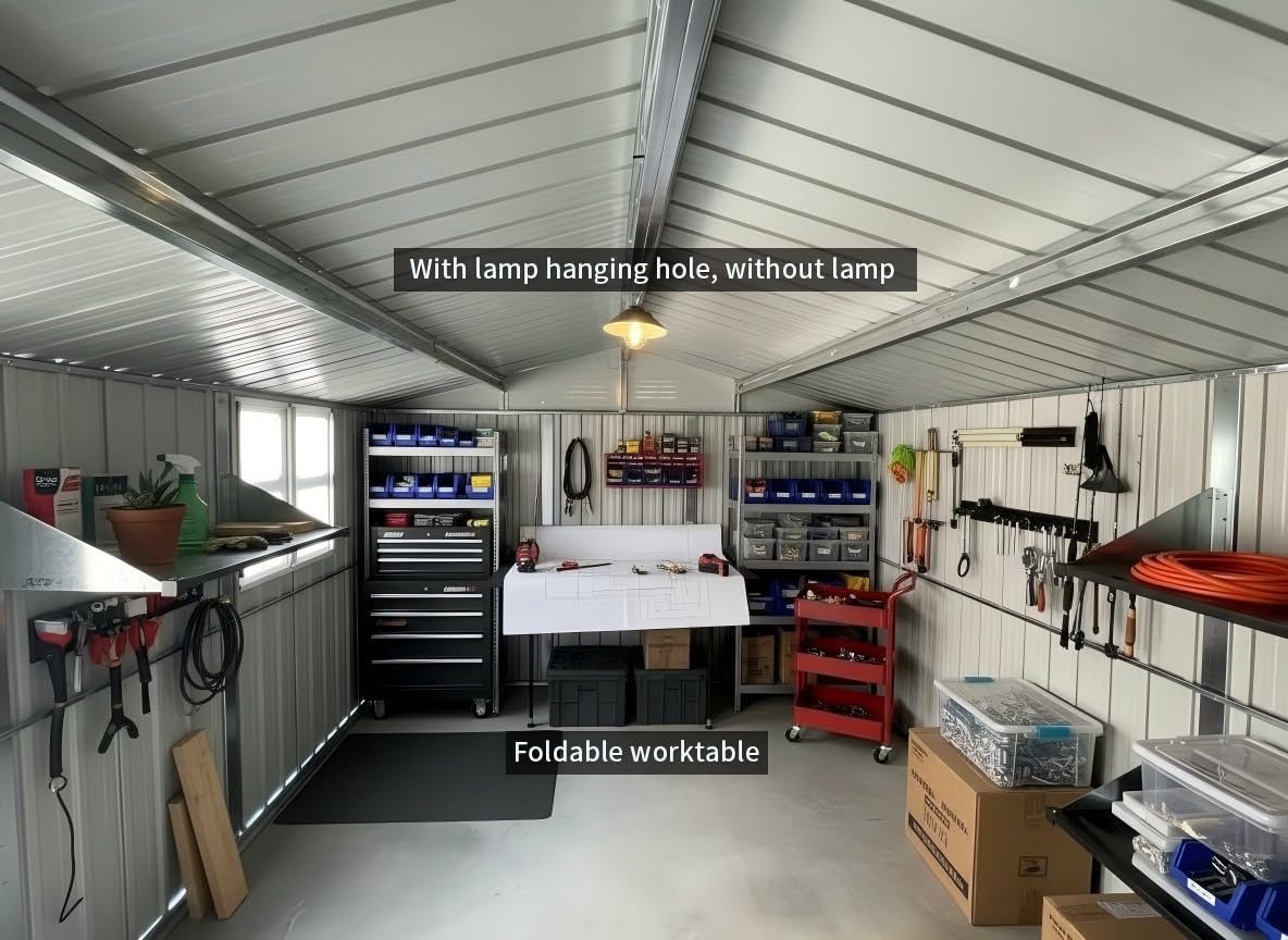 KEIKI 12x10 Ft Metal Outdoor Storage Shed Garden with Window, Foldable Worktable & Shelves, Lockable Door, Waterproof Apex Roof Heavy Duty Tool House for Backyard Garden Lawn, Brown
