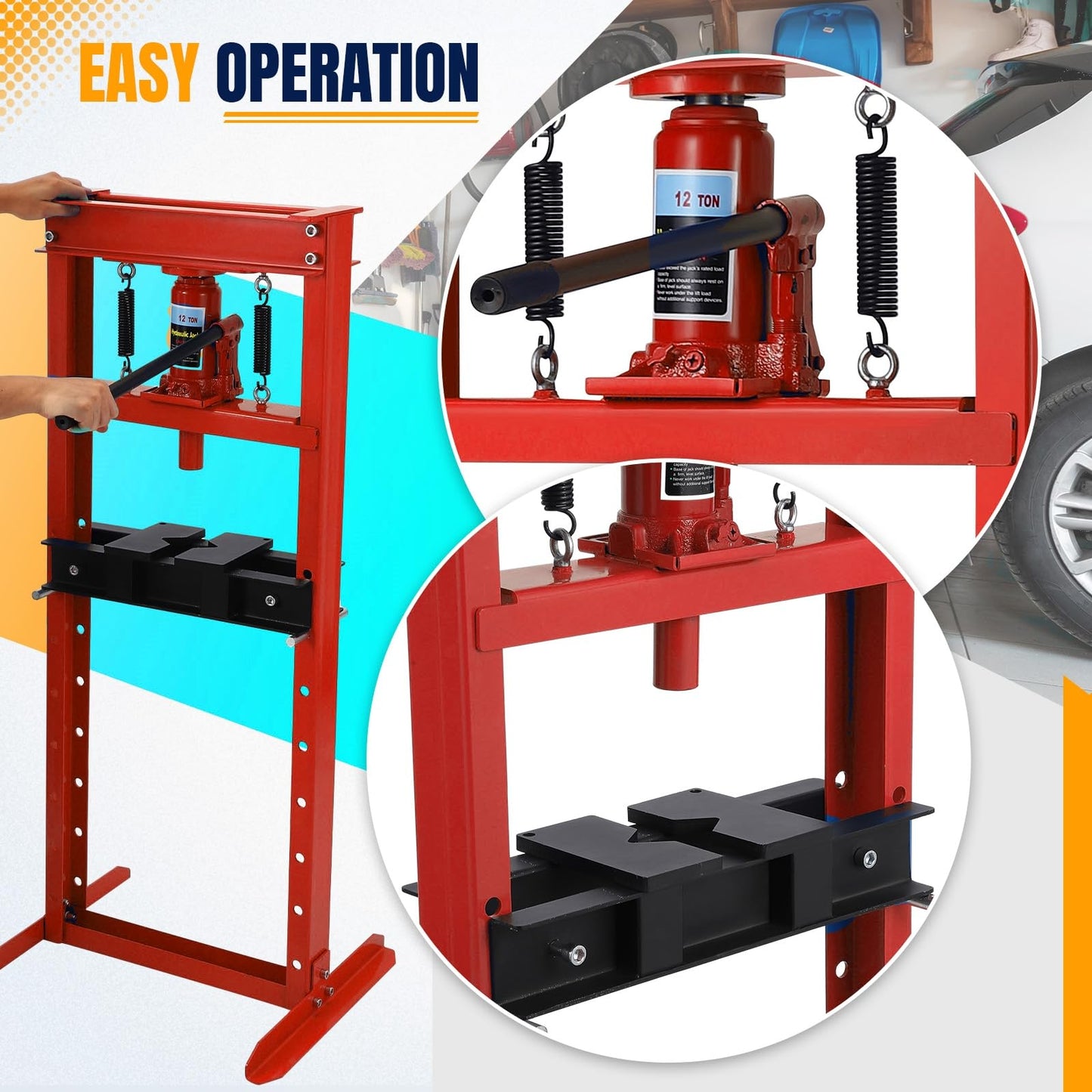 12T Hydraulic Press, 12 Ton H-Frame Garage Floor Hydraulic Shop Press, Adjustable Hydraulic Press with Plates, for Bearings & Ball Joints, Red