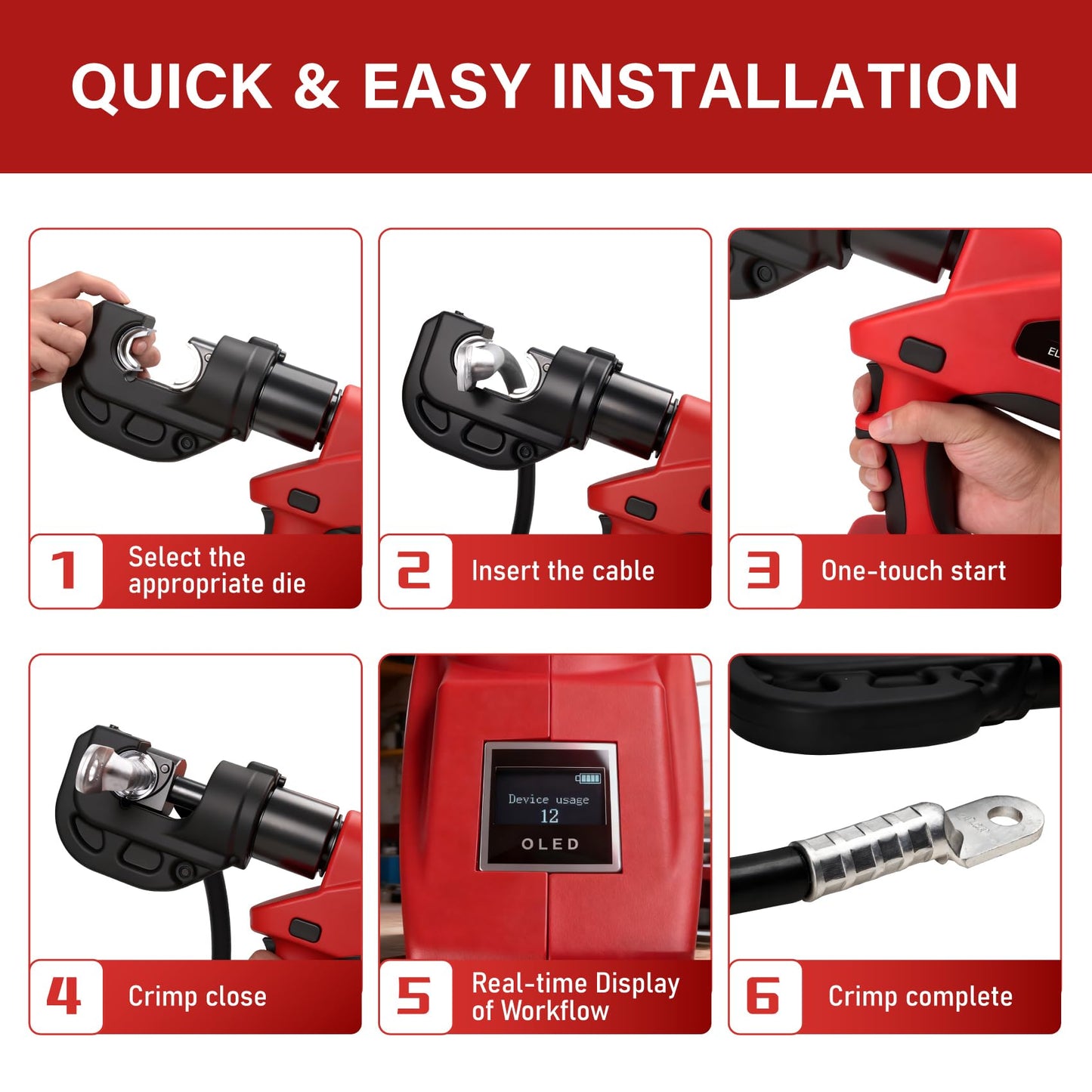 Cordless Hydraulic Crimping Tool - 15Molds(12AWG to 750MCM) 12Tons Battery Electric Lug Crimpers for Cu/Al Terminals, Continuous Wire Crimper Pliers