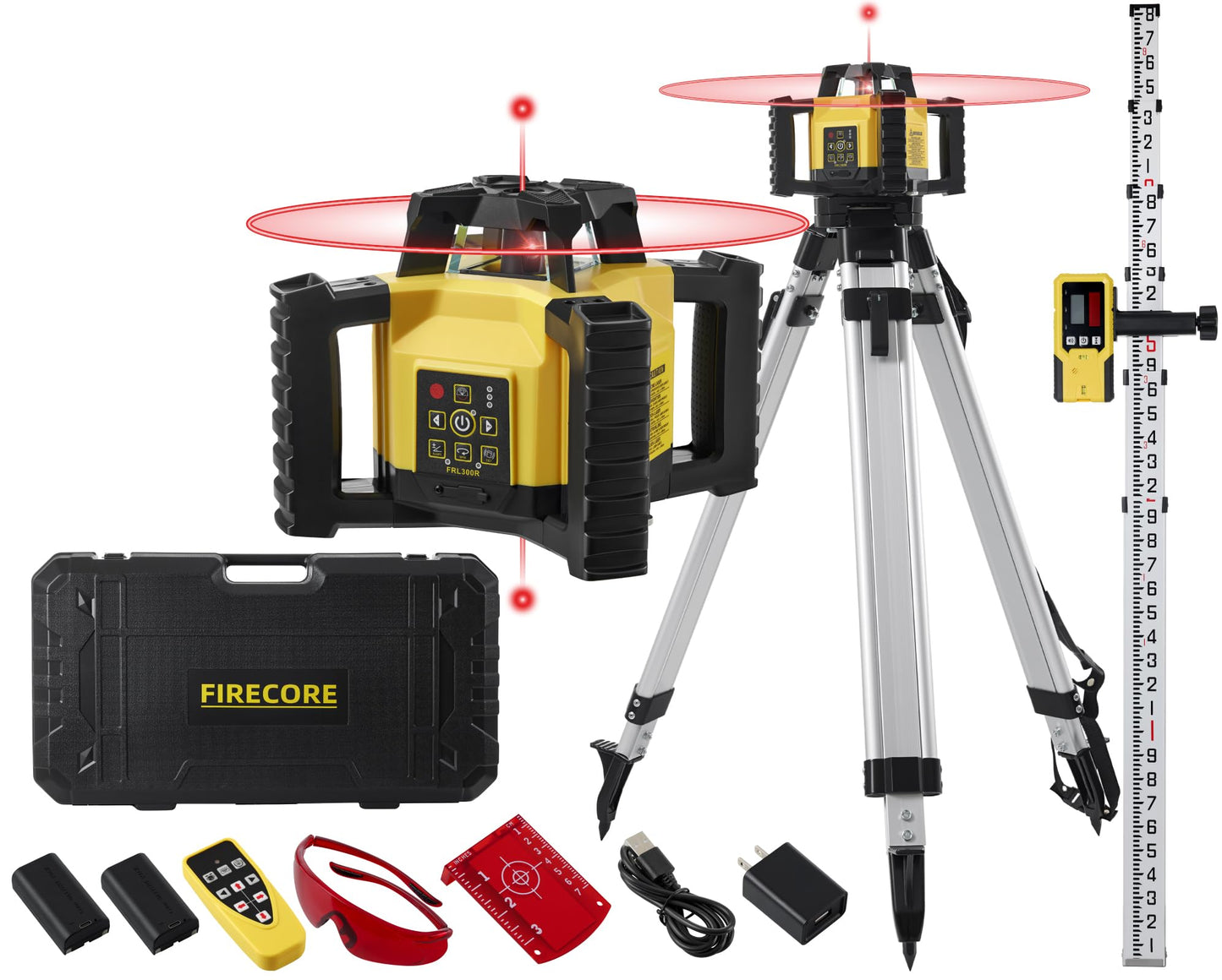 Firecore Self-Leveling Dual Slope Horizontal Rotary Laser Level Kit, 1969-Foot Range, IP55 Rated, Includes Tripod, Grade Rod, Detector, 2 Batteries, Carrying Case, and Accessories