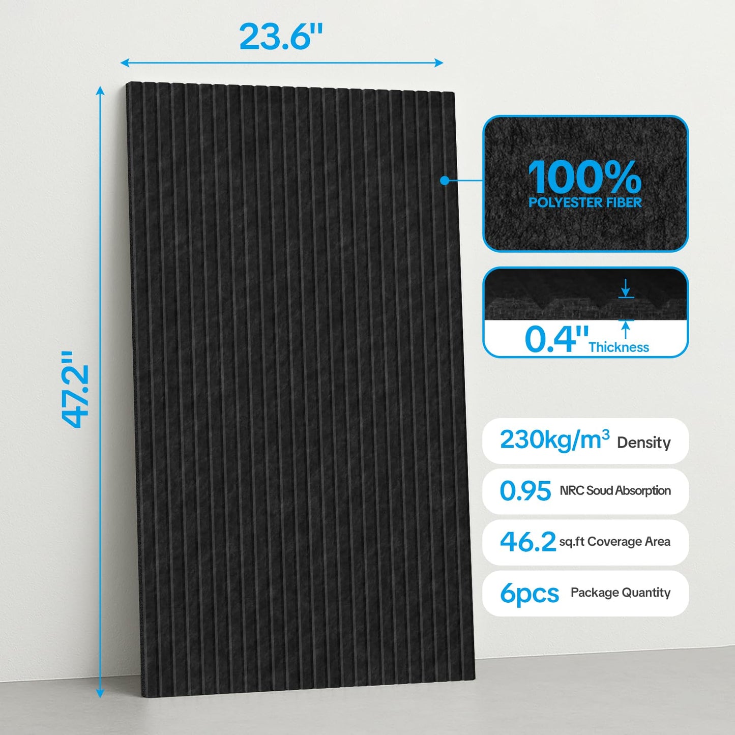 Tao.Space Acoustic 6 Pack Soundproof wall Equidistant cutting Panels, 47.2” x 23.6” x 0.4” Self-Adhesive Noise Reduction Wall Panels for Office, Home Theater, Recording Studio,Black