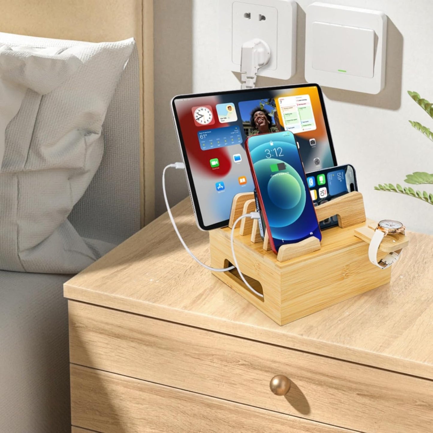Acshio Bamboo Charging Station for Multi Devices, Small Desktop Docking Stand, Cell Phone Docking Station Charger