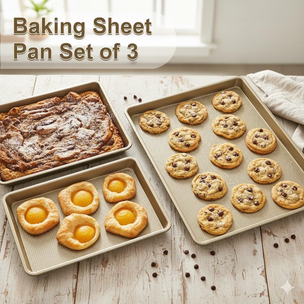 Skiennix Baking Sheet Pan Set - Nonstick Cookie Sheets | Heavy Duty Carbon Steel | 3-Piece Set