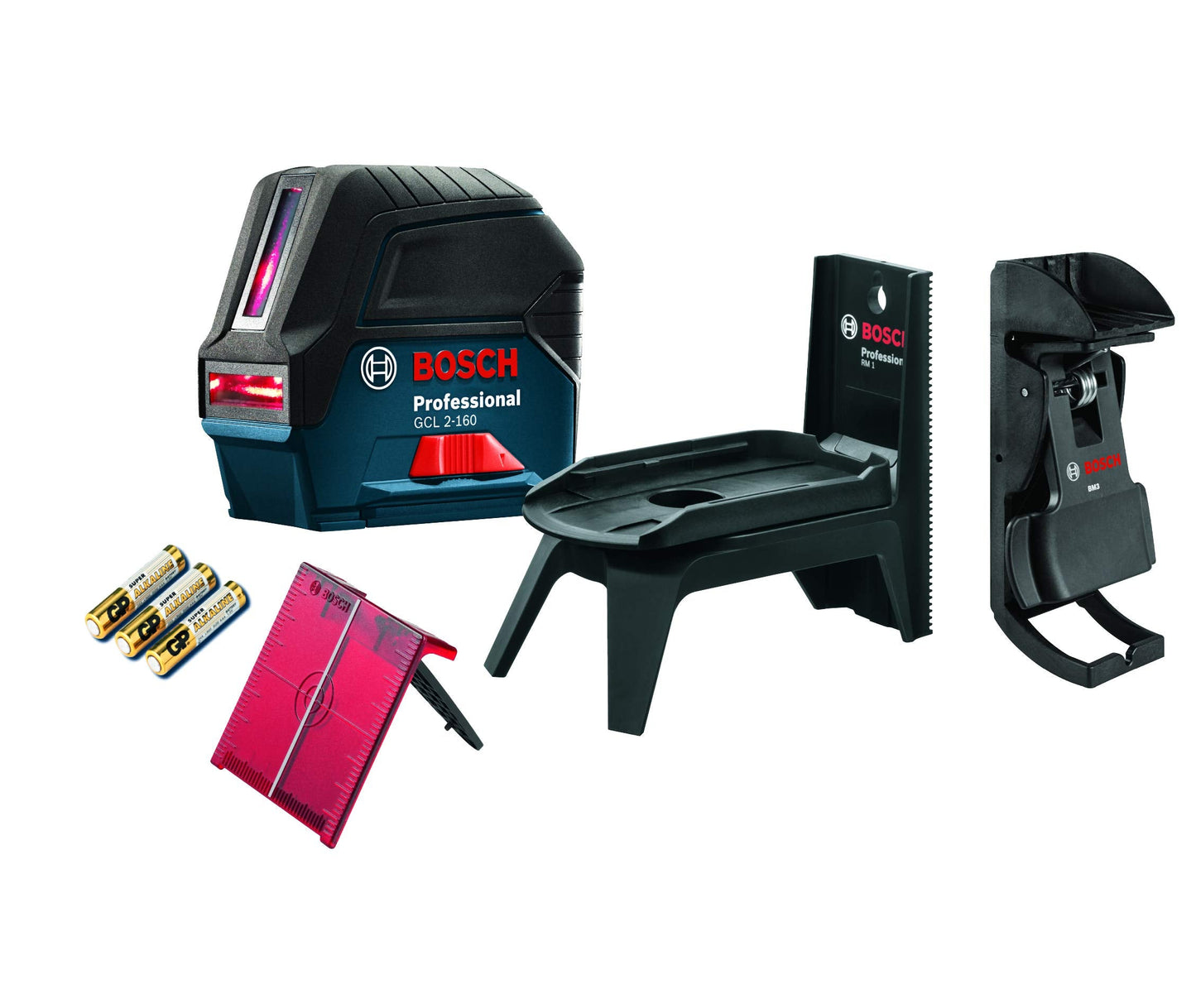 BOSCH GCL 2-160 65 Ft Self-Leveling Cross-Line Laser with Plumb Points, Includes Magnetic Rotating Mount, Ceiling Grid Clip, Laser Target Plate, 3 AA Batteries, & Hard Carrying Case