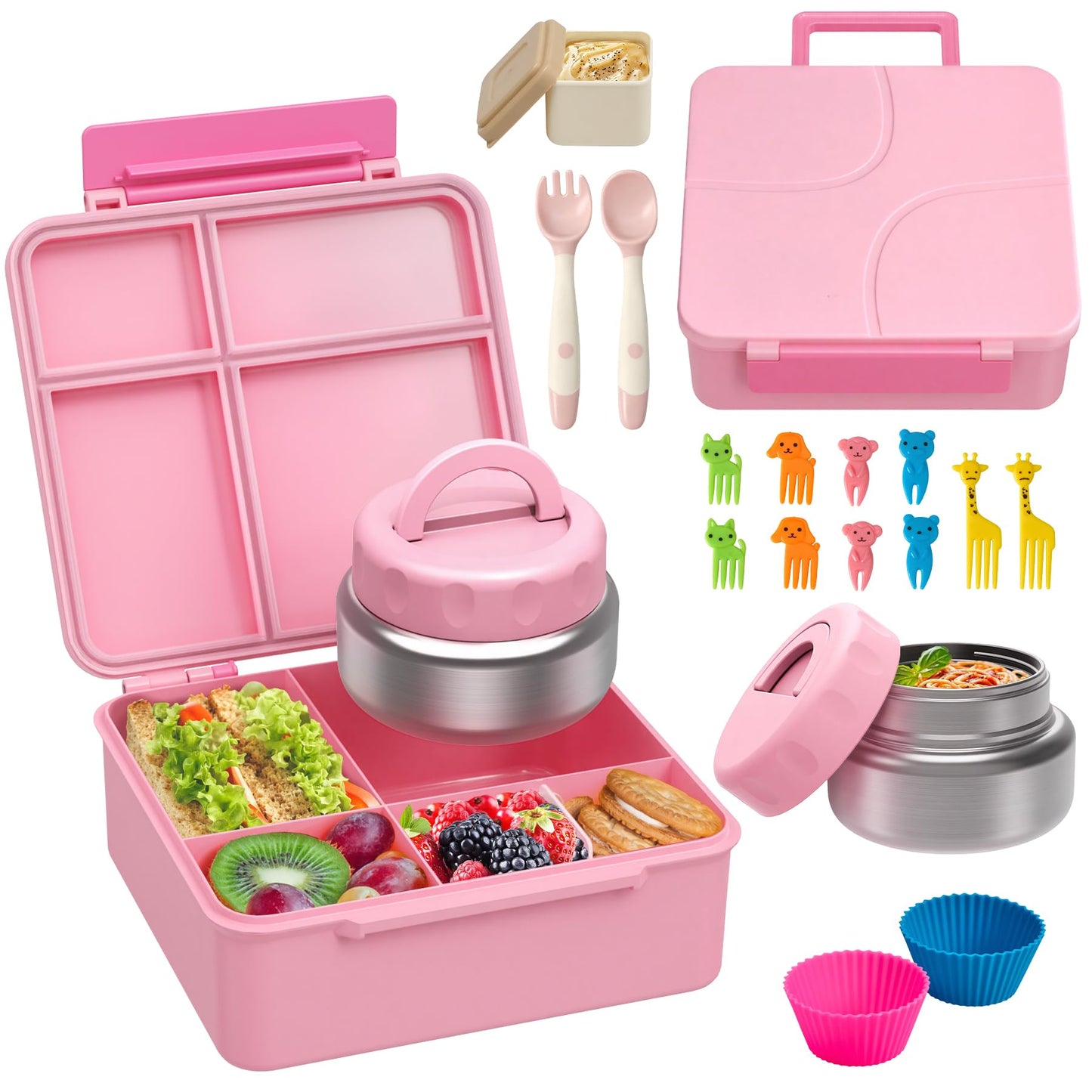 Bento Lunch Box with 9.5 oz Soup Thermo, Kids Leakproof 4 Compartments Bento Box with Silicone Cupcake,Fruit Fork,Spoon and Sauce Cup,Insulated Food Jar for School Travel-Pink